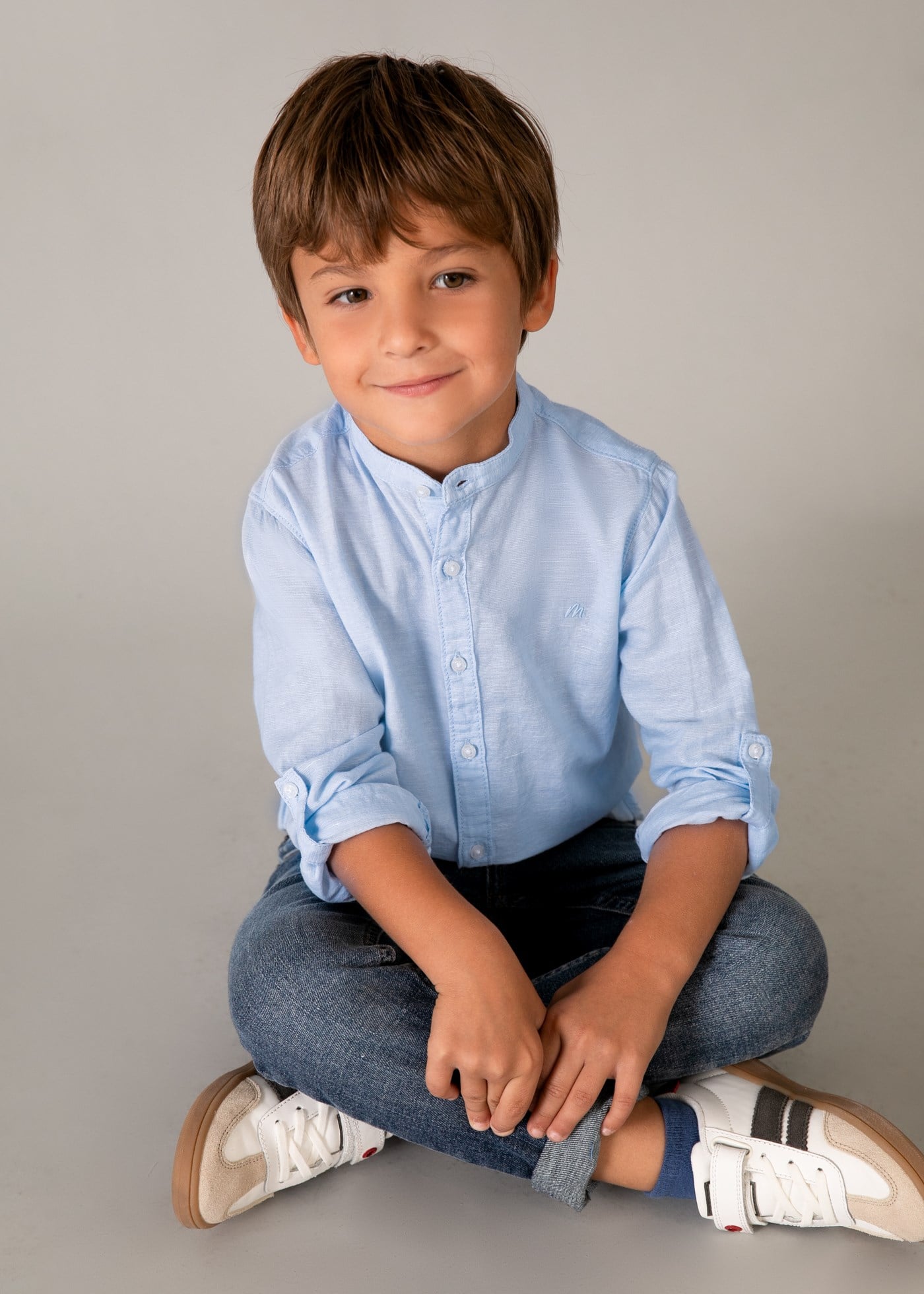 Mayoral Boys' Mandarin Collar Long-Sleeve Shirt Blue