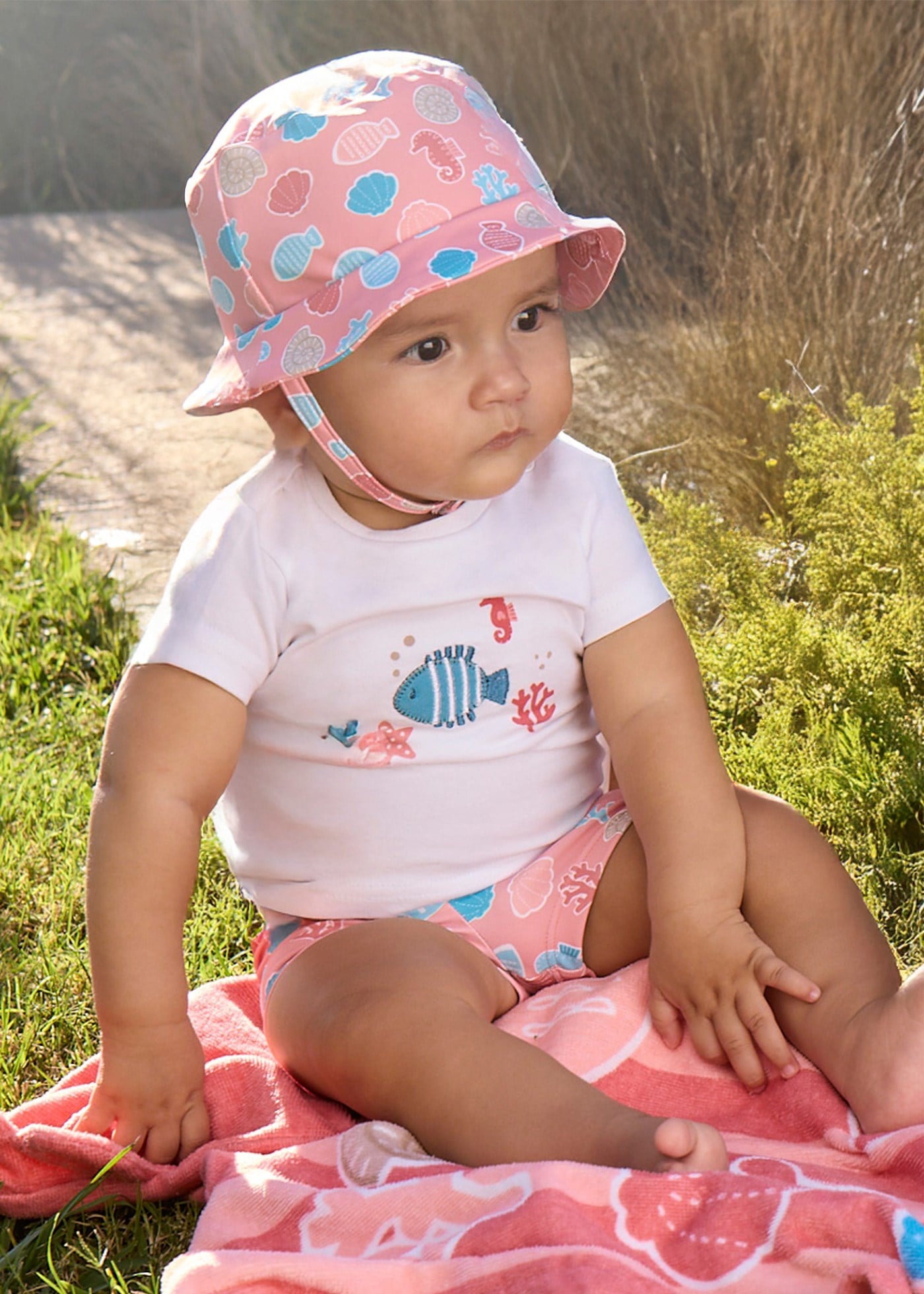 Mayoral Newborn Baby Boy UV Protective Swimsuit, T-shirt and Hat Set Pink