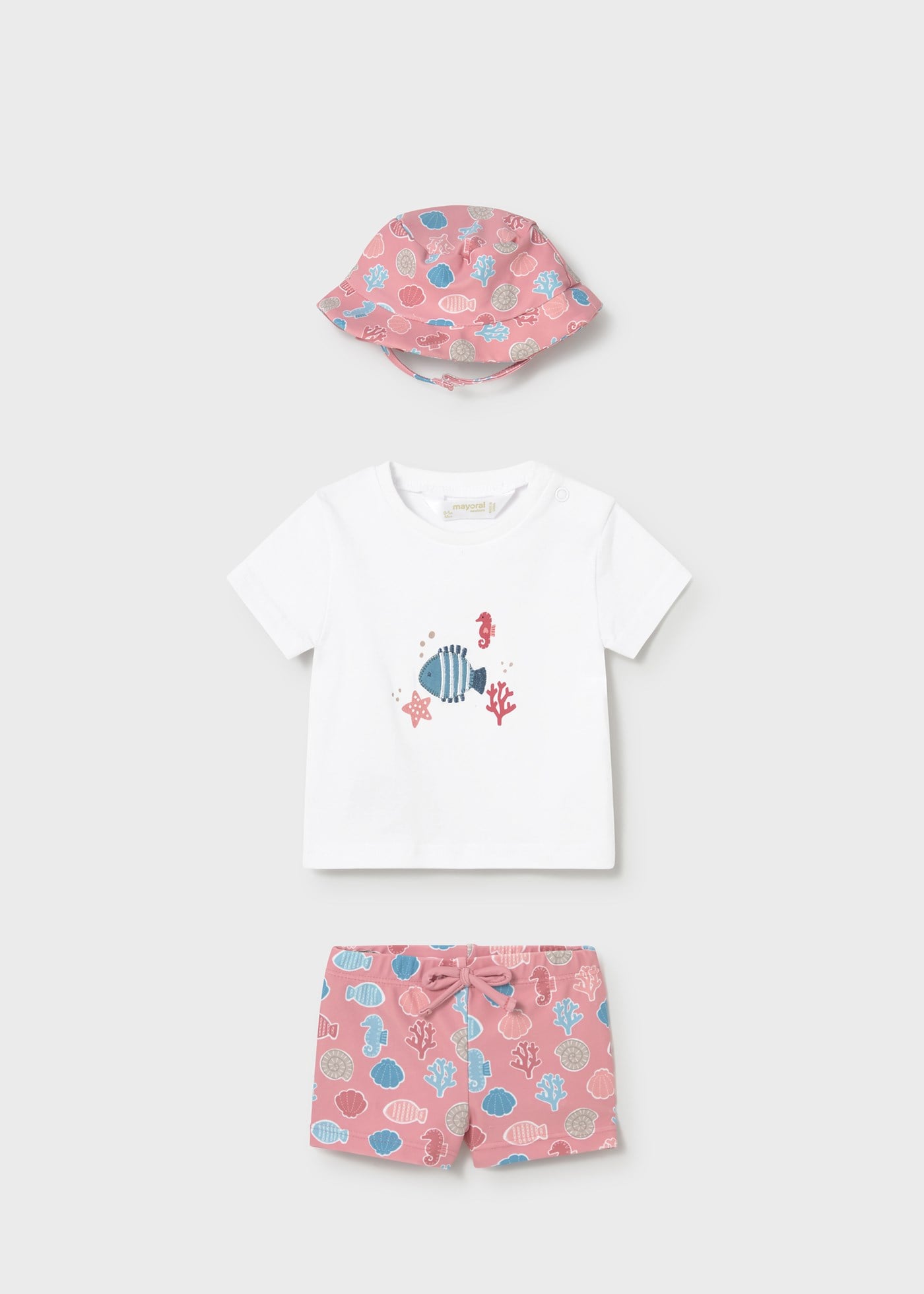 Mayoral Newborn Baby Boy UV Protective Swimsuit, T-shirt and Hat Set Pink