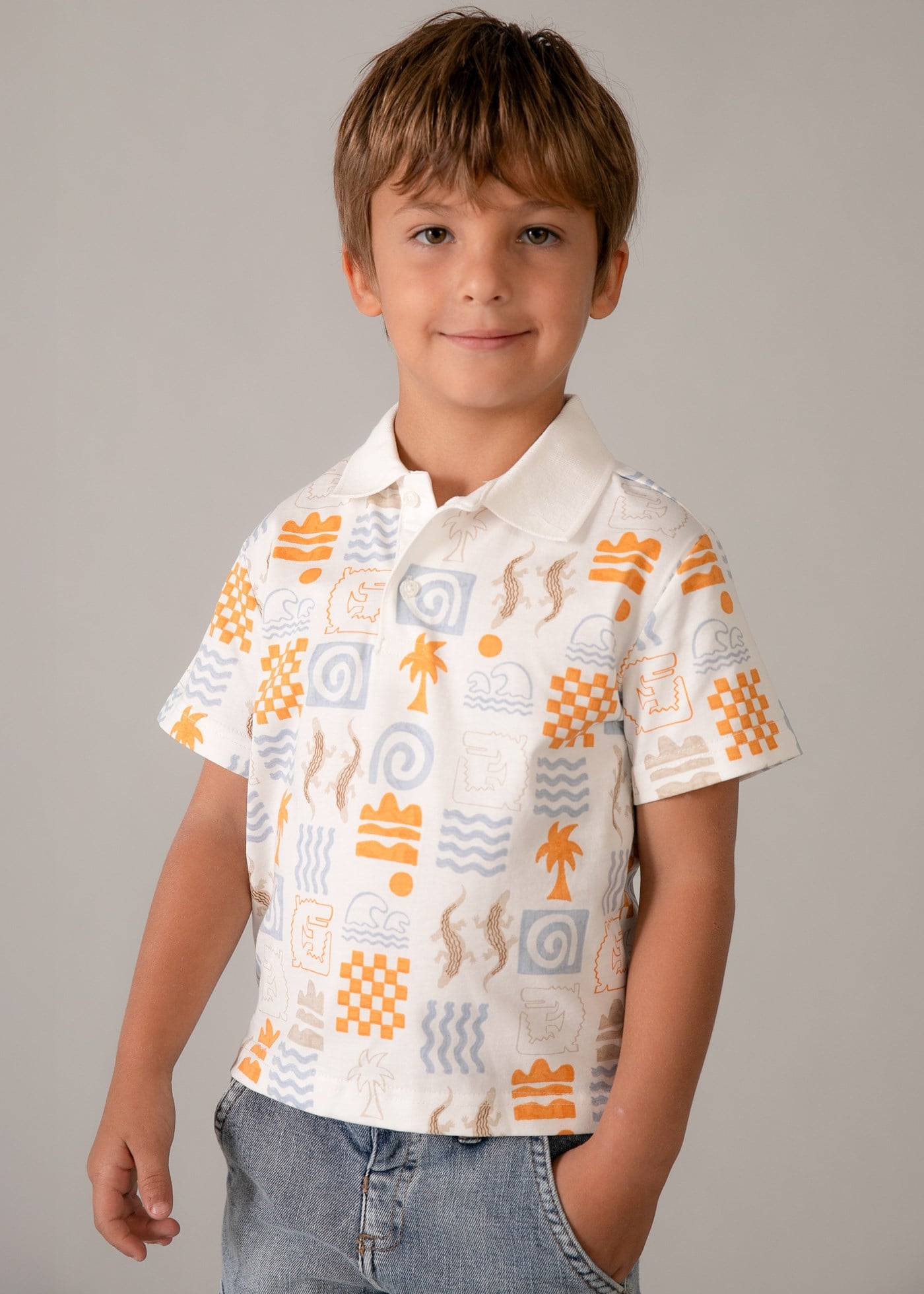 Mayoral Boys' Printed Collar T-Shirt Cream