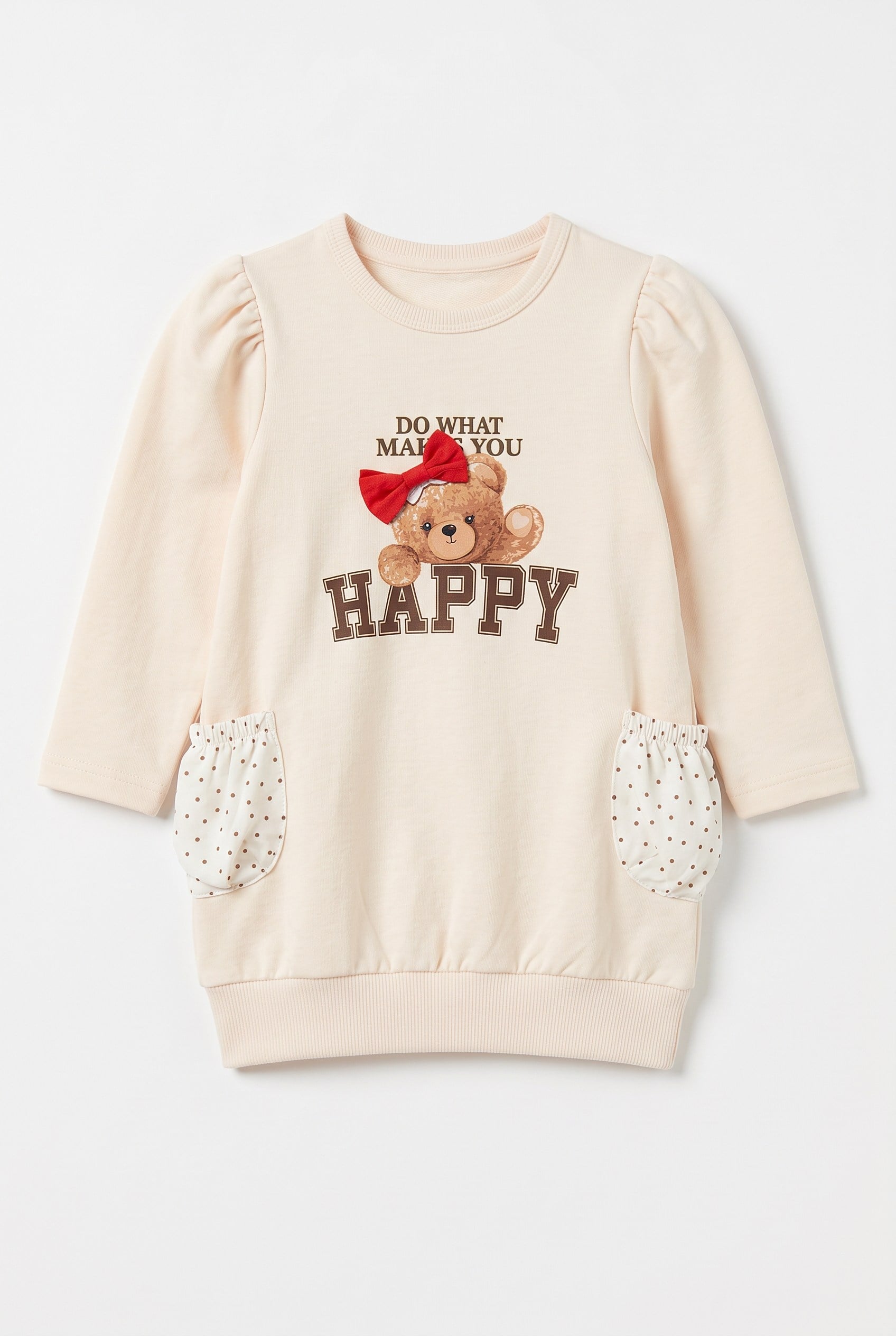 1-4 Yaş Kız Bebek Happy Bear Örme Elbise Bej