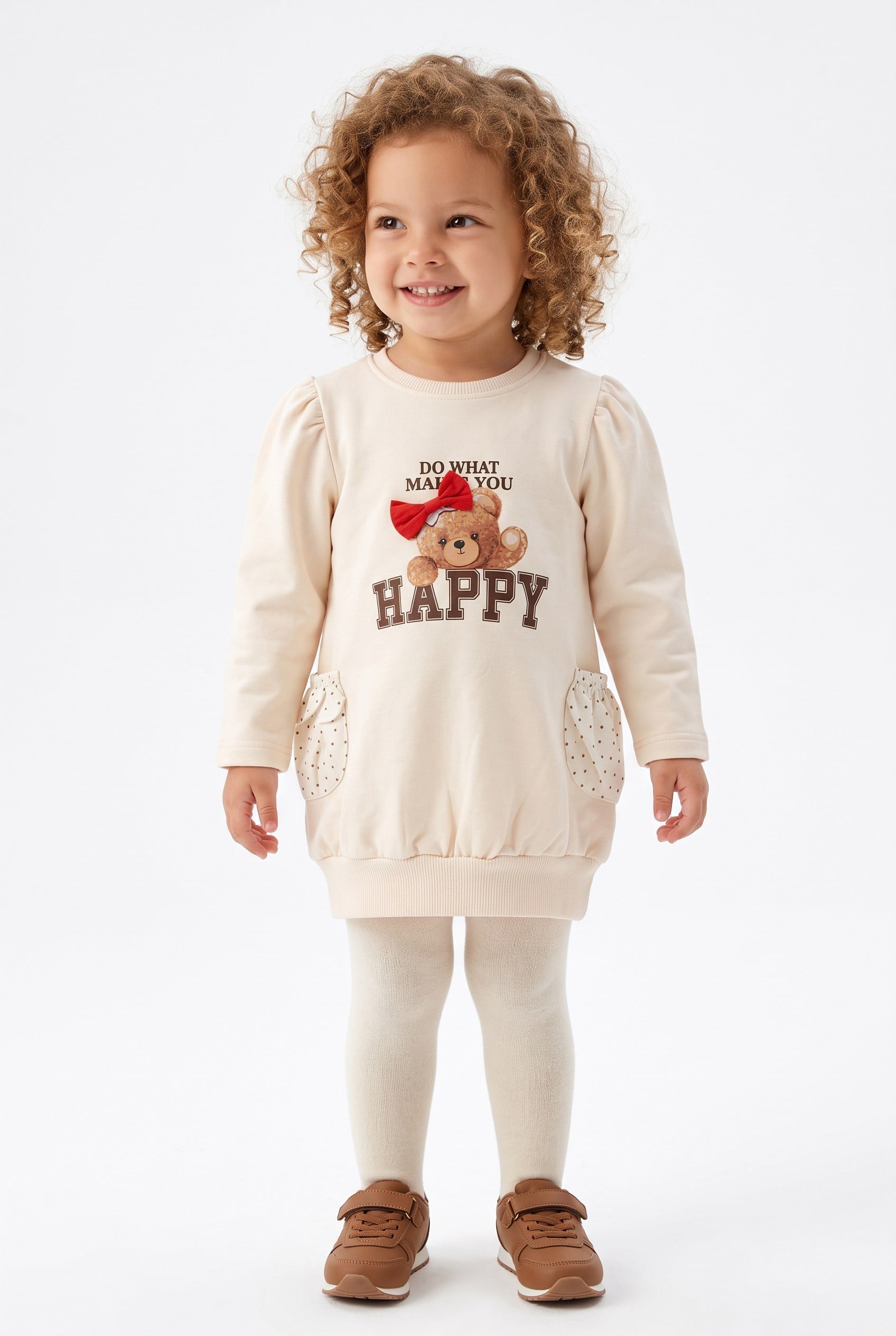 1-4 Yaş Kız Bebek Happy Bear Örme Elbise Bej