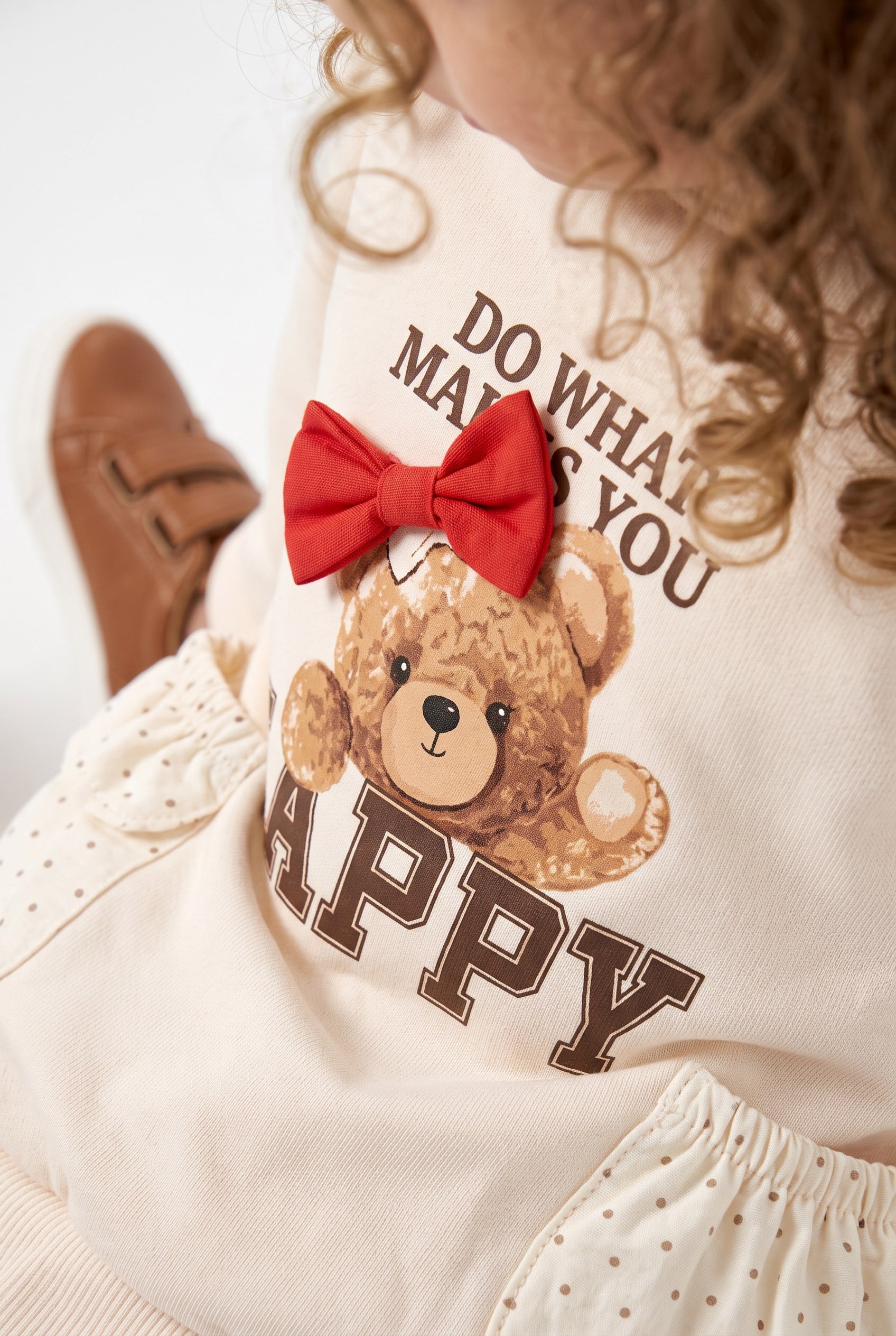 1-4 Yaş Kız Bebek Happy Bear Örme Elbise Bej