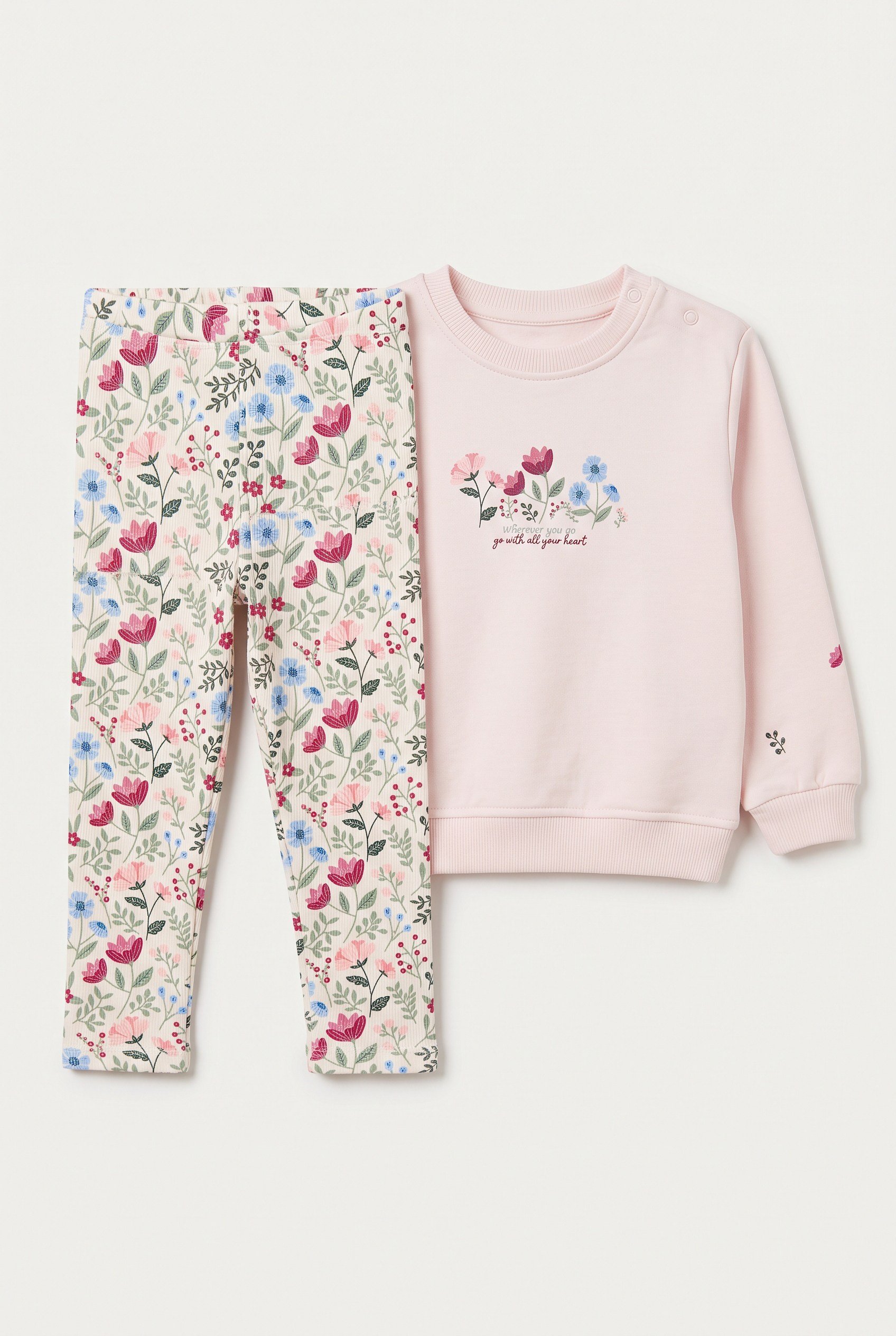 1-4 Yaş Kız Bebek Flover Garden Ribana Taytlı Sweat Takım Pembe