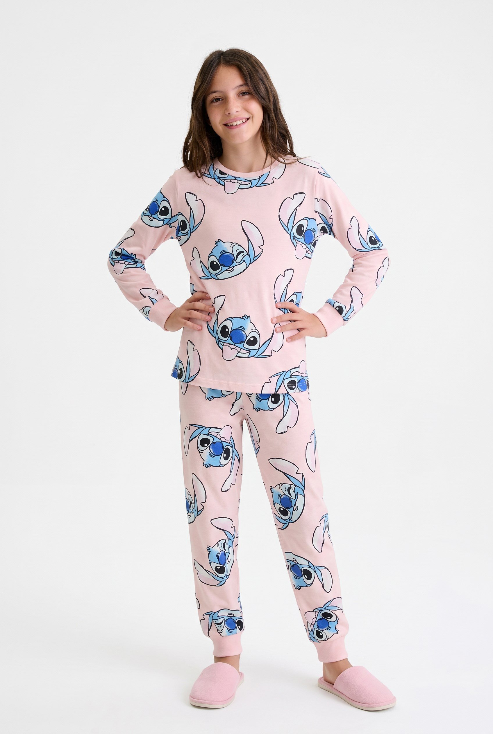 9-13 Yaş Cartoon Print Pamuklu Çocuk Pijama Takım Pembe