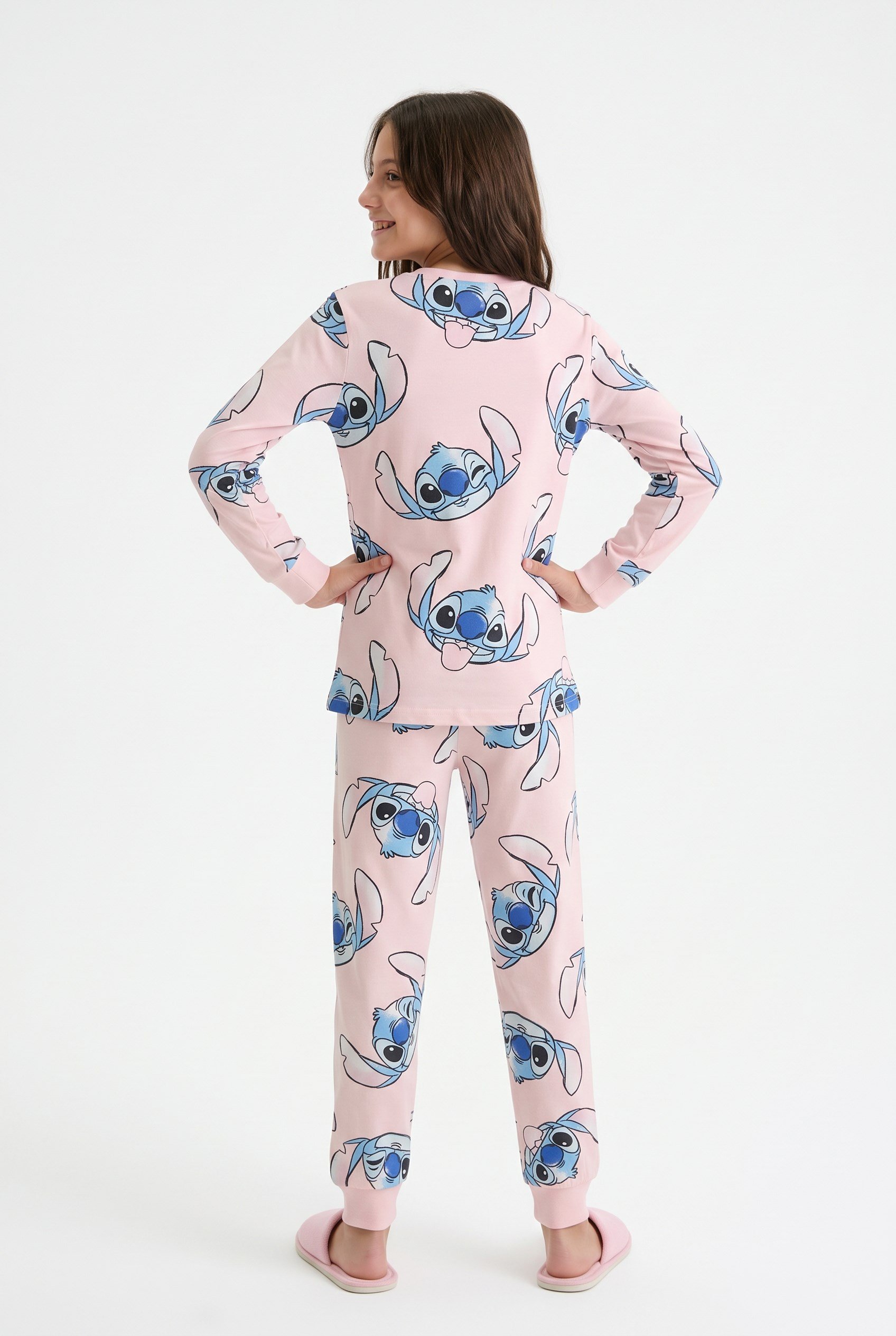 9-13 Yaş Cartoon Print Pamuklu Çocuk Pijama Takım Pembe