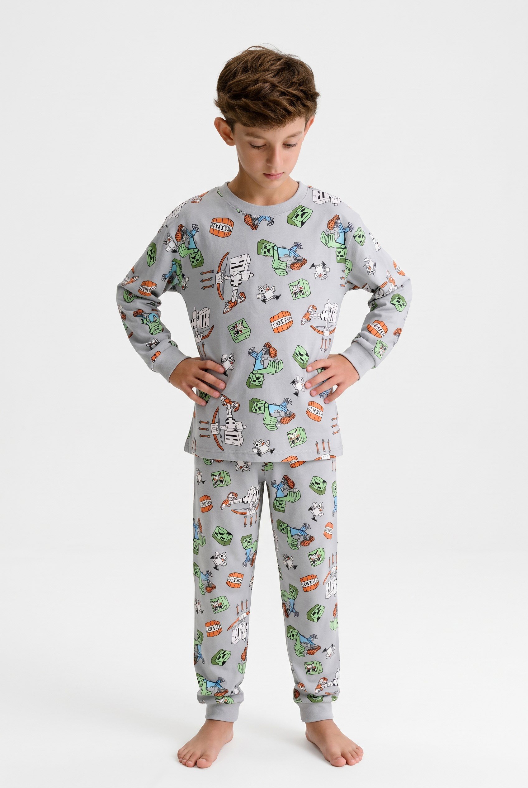 9-13 Yaş Cartoon Print Pamuklu Çocuk Pijama Takım Yeşil