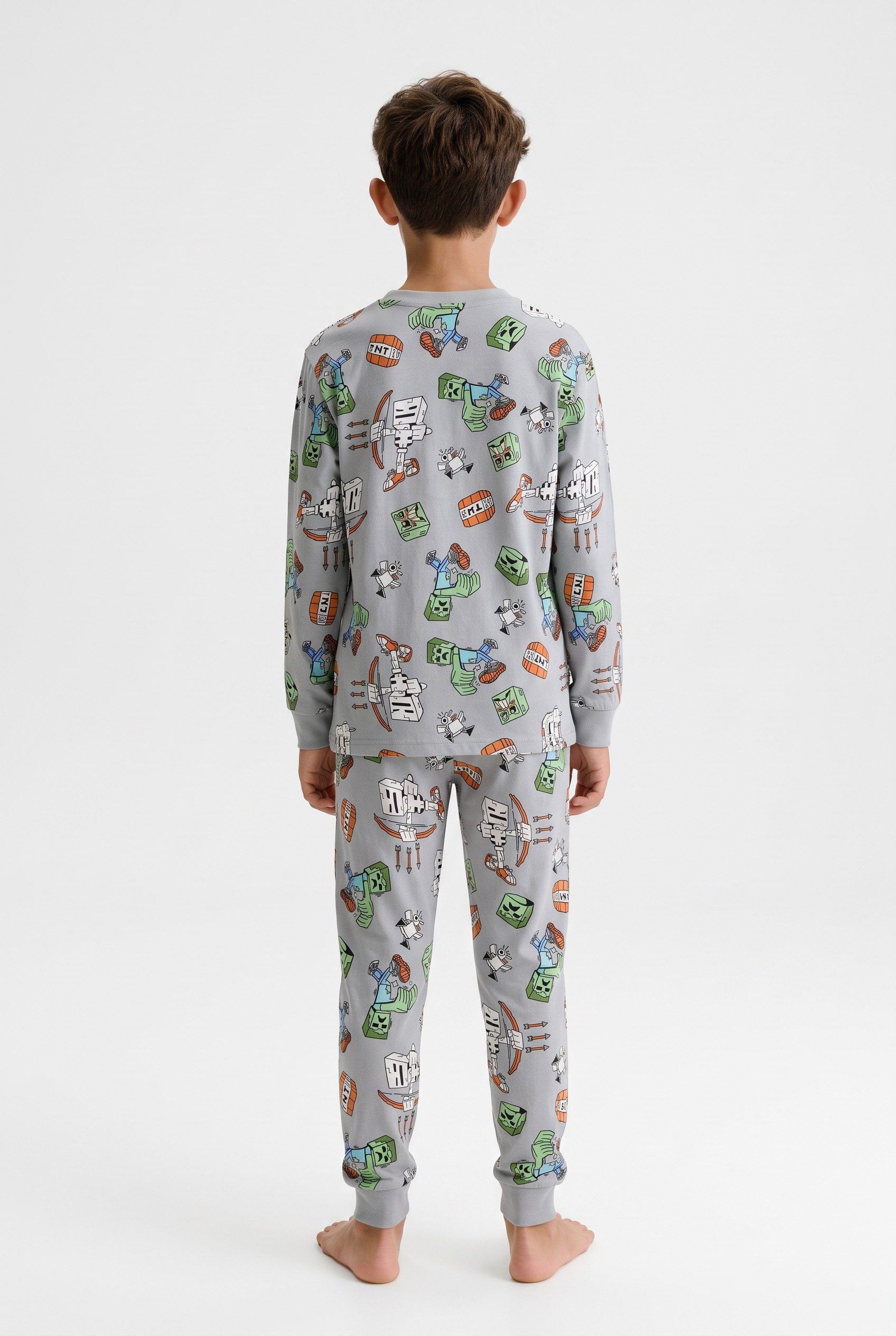 9-13 Yaş Cartoon Print Pamuklu Çocuk Pijama Takım Yeşil