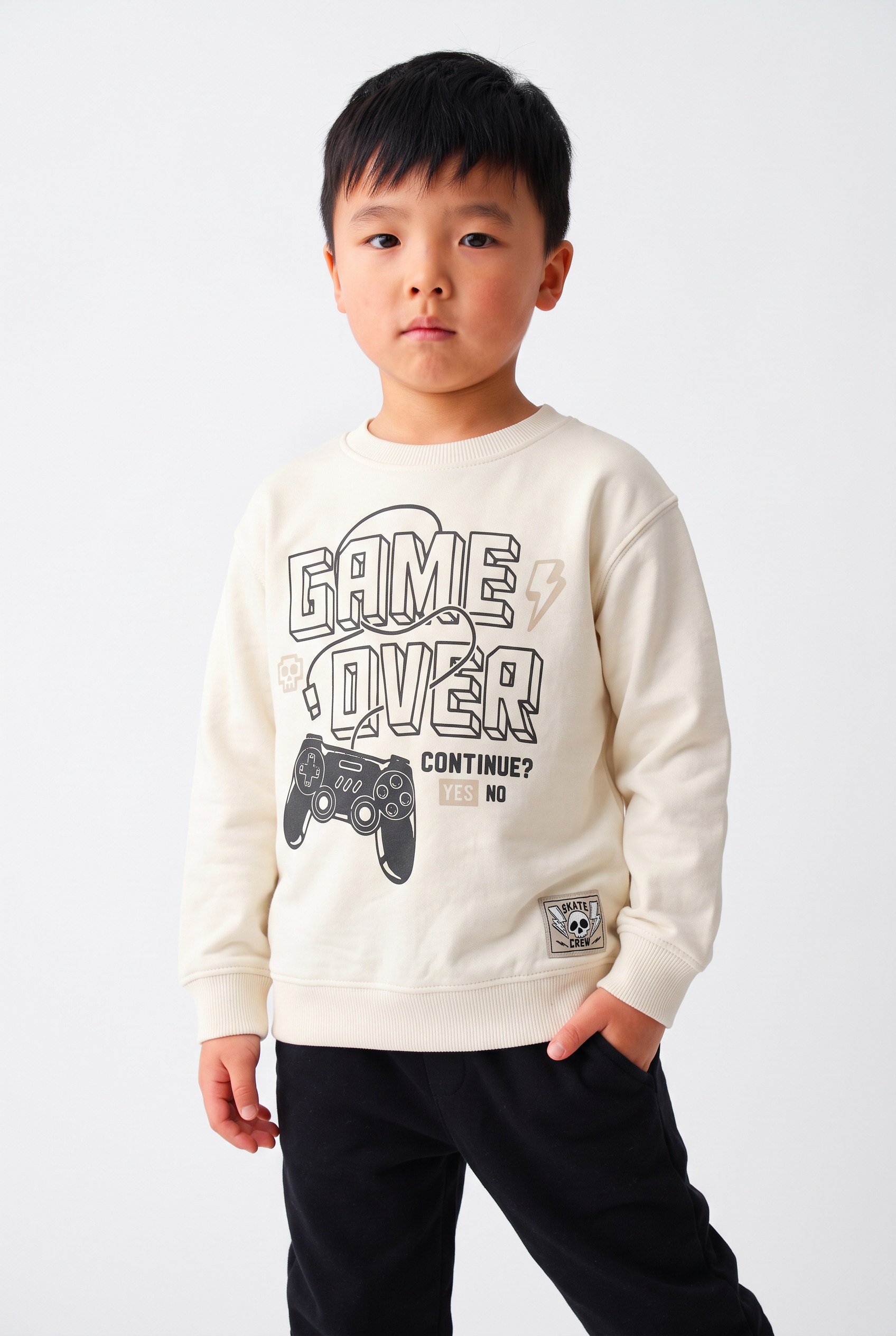 4-9 Yaş Erkek Çocuk Gamer İki İplik Manşetli Sweatshirt Krem