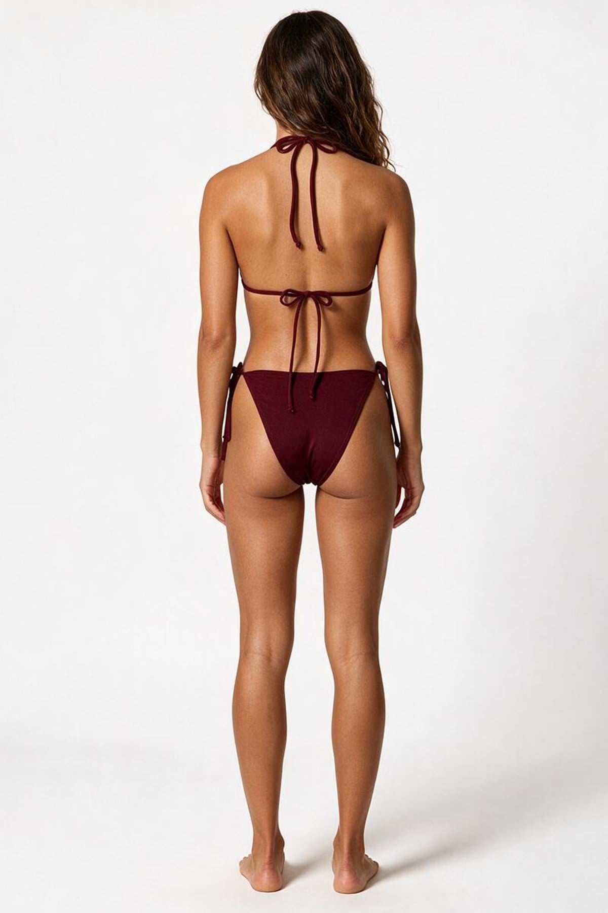 Aksesuar Detaylı Bordo Uzun Üçgen Bikini Takım