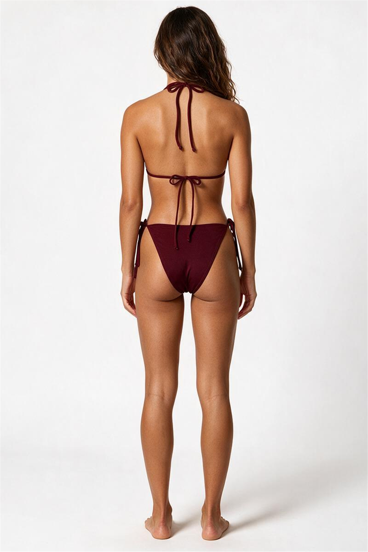 Aksesuar Detaylı Bordo Uzun Üçgen Bikini Takım