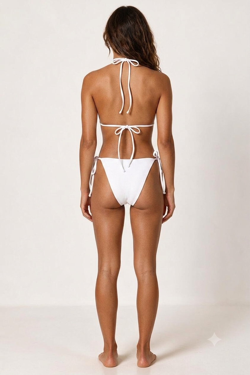 Aksesuar Detaylı Ekru Uzun Üçgen Bikini Takım
