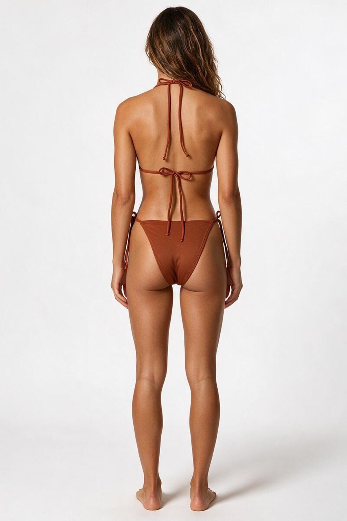 Aksesuar Detaylı Kahverengi Uzun Üçgen Bikini Takım