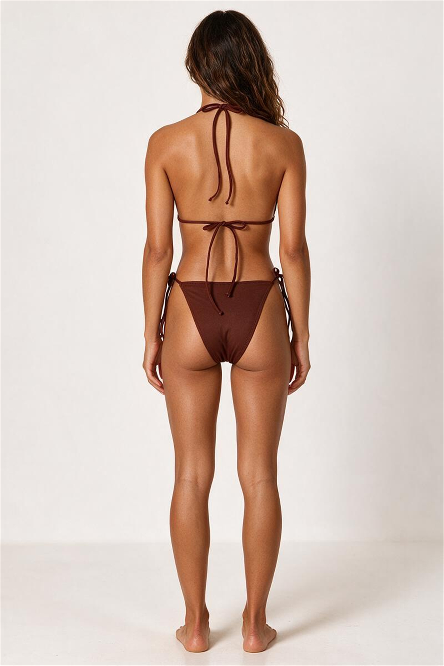 Aksesuar Detaylı Koyu Kahve Uzun Üçgen Bikini Takım
