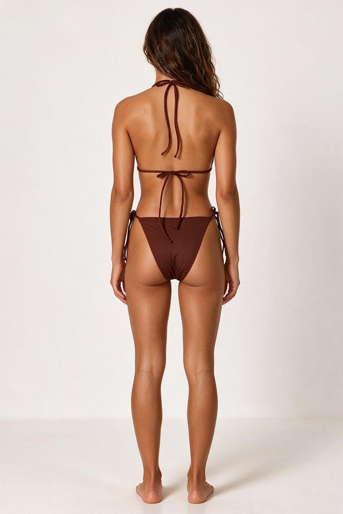 Aksesuar Detaylı Koyu Kahve Uzun Üçgen Bikini Takım