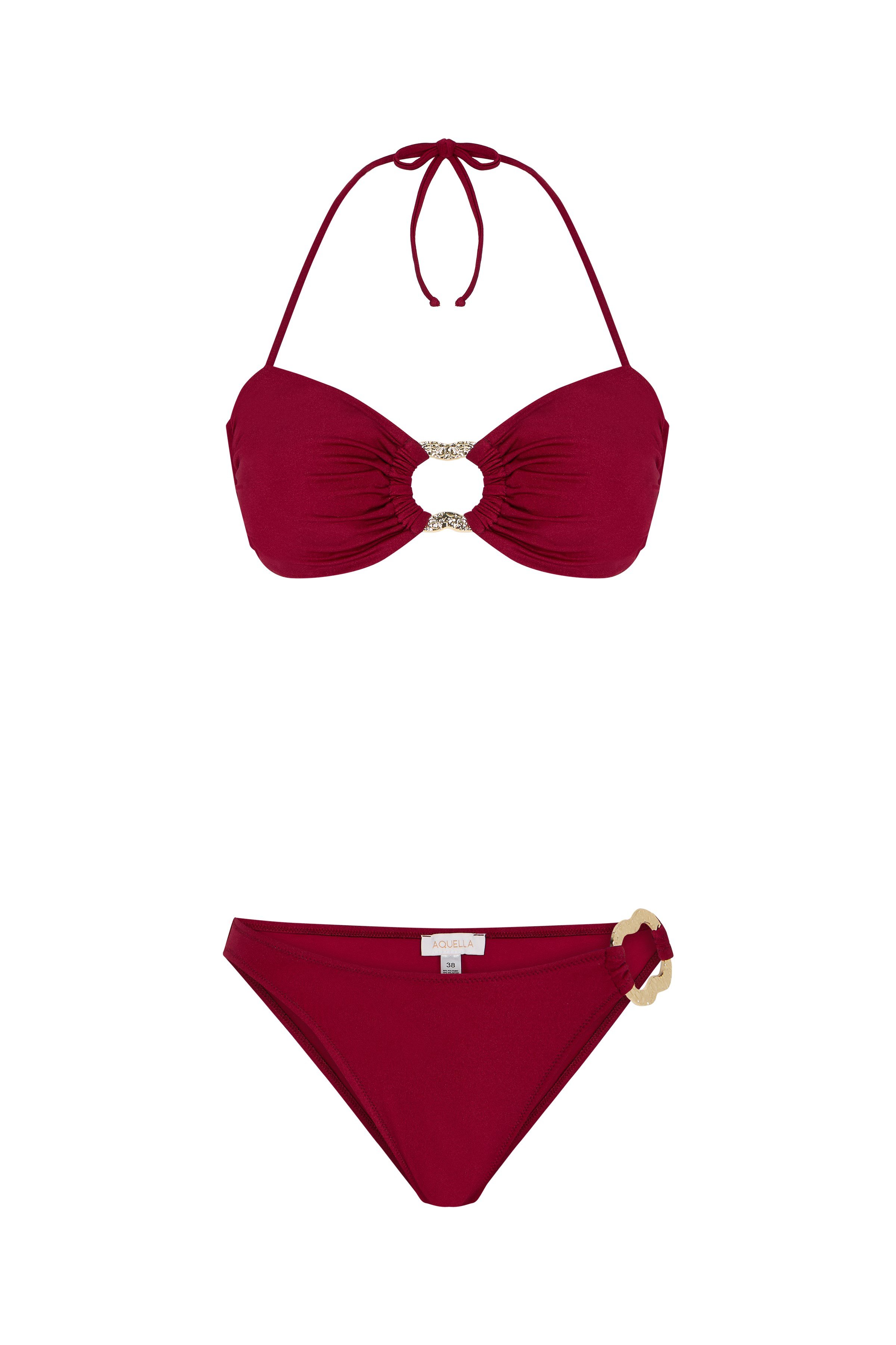 Aksesuarlı Bordo Straplez Bikini Takım