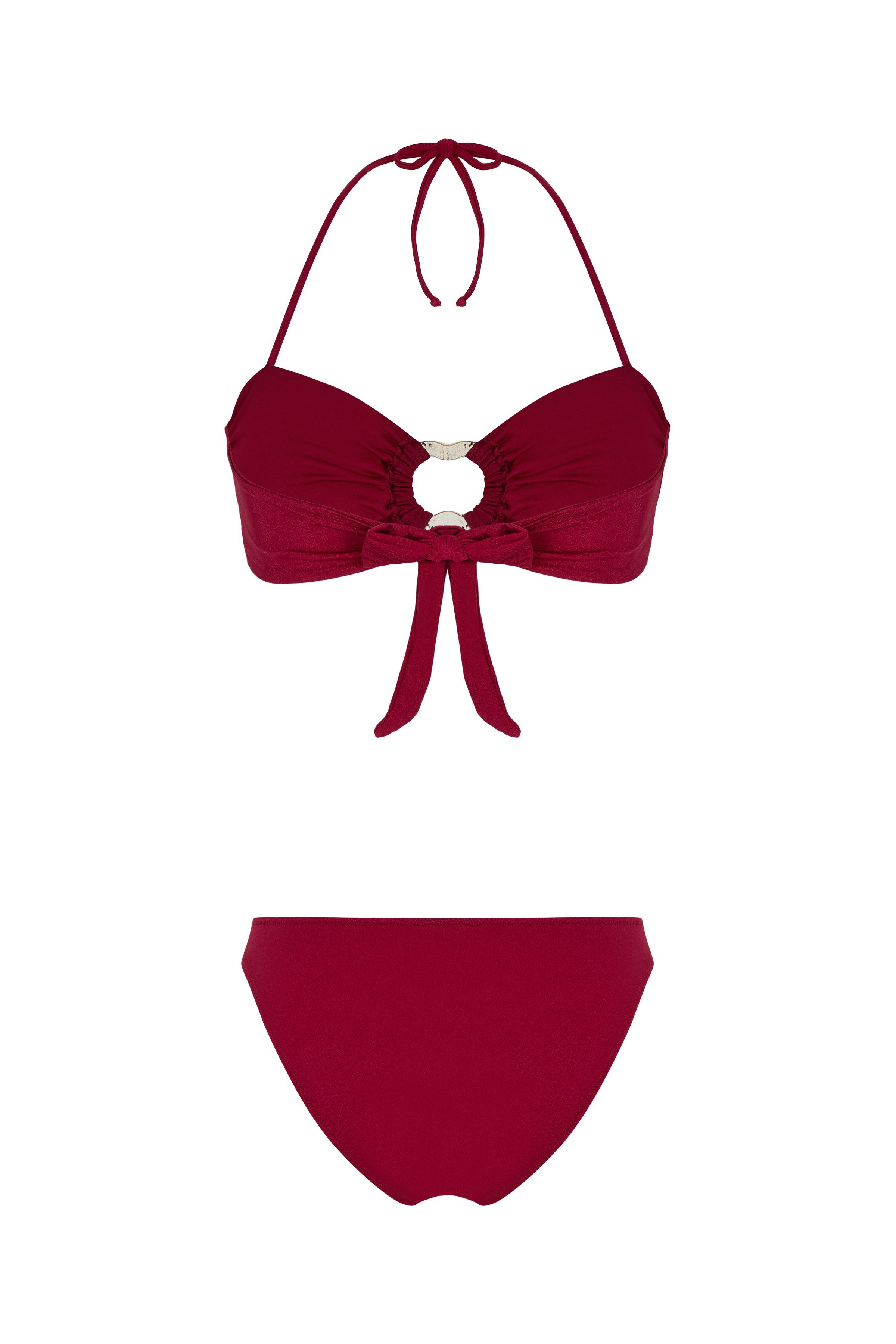 Aksesuarlı Bordo Straplez Bikini Takım