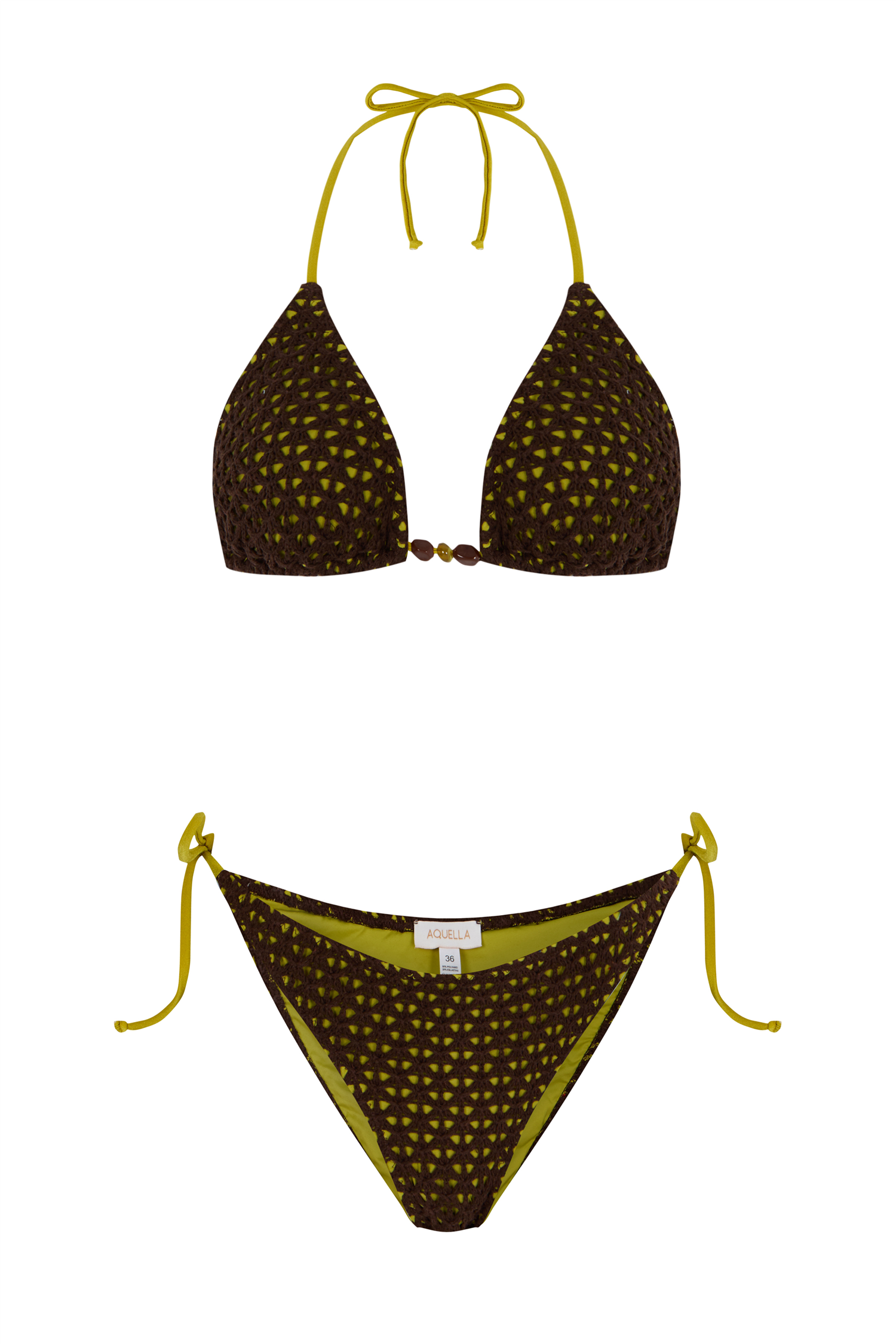 Aksesuarlı Koyu Kahve Triko Bikini Takım