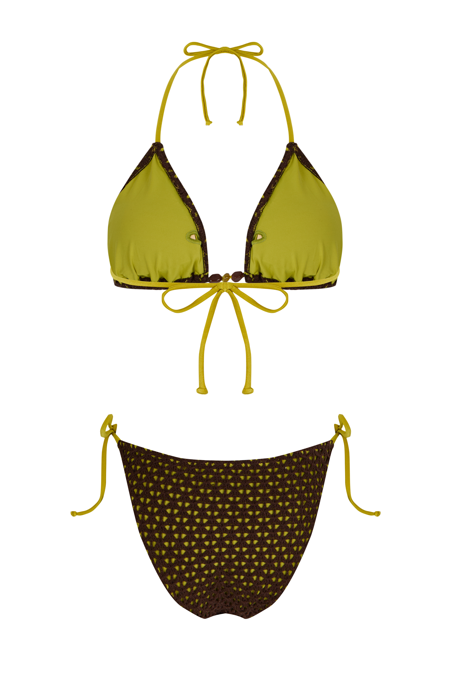 Aksesuarlı Koyu Kahve Triko Bikini Takım