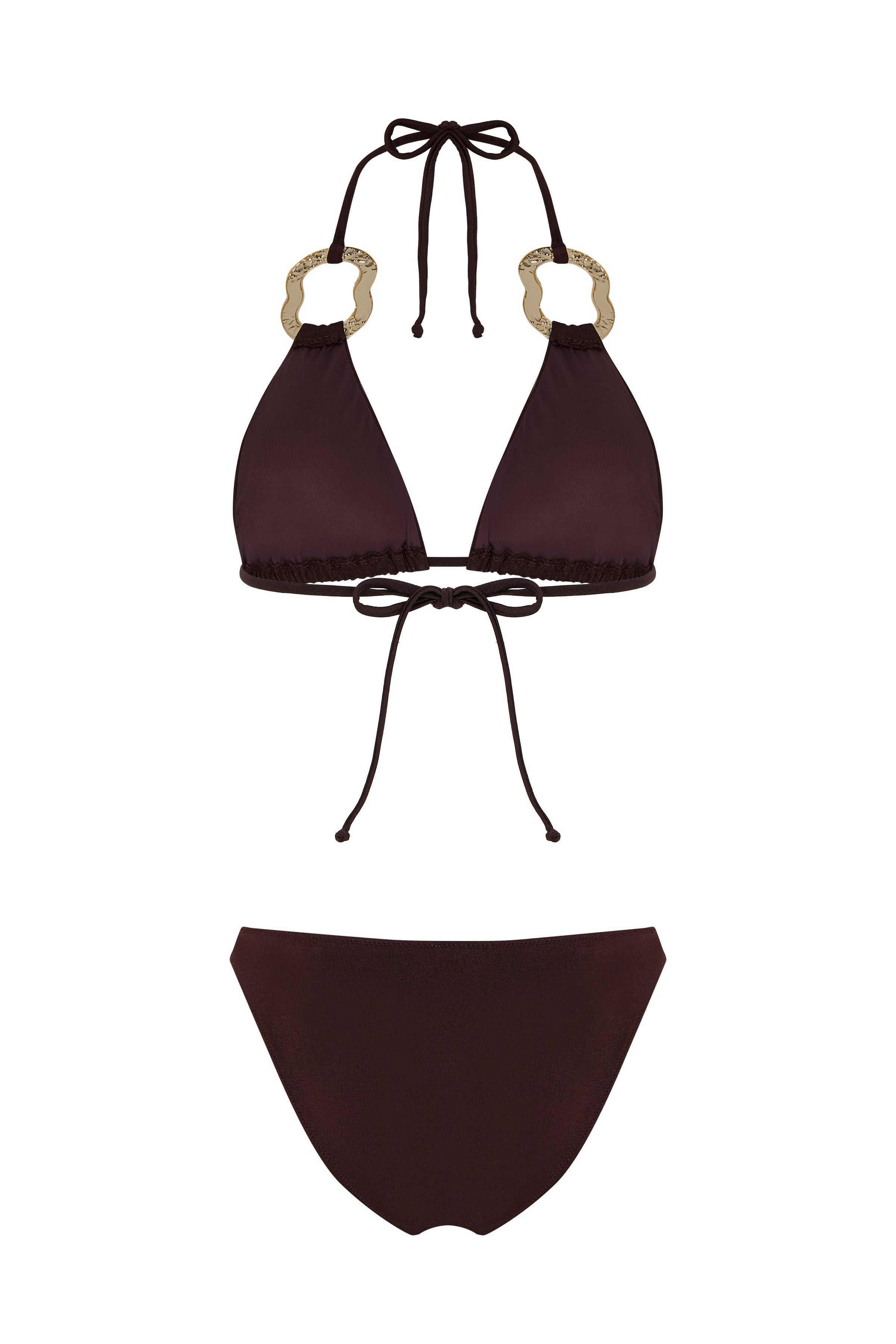 Aksesuarlı Koyu Kahve Üçgen Bikini Takım