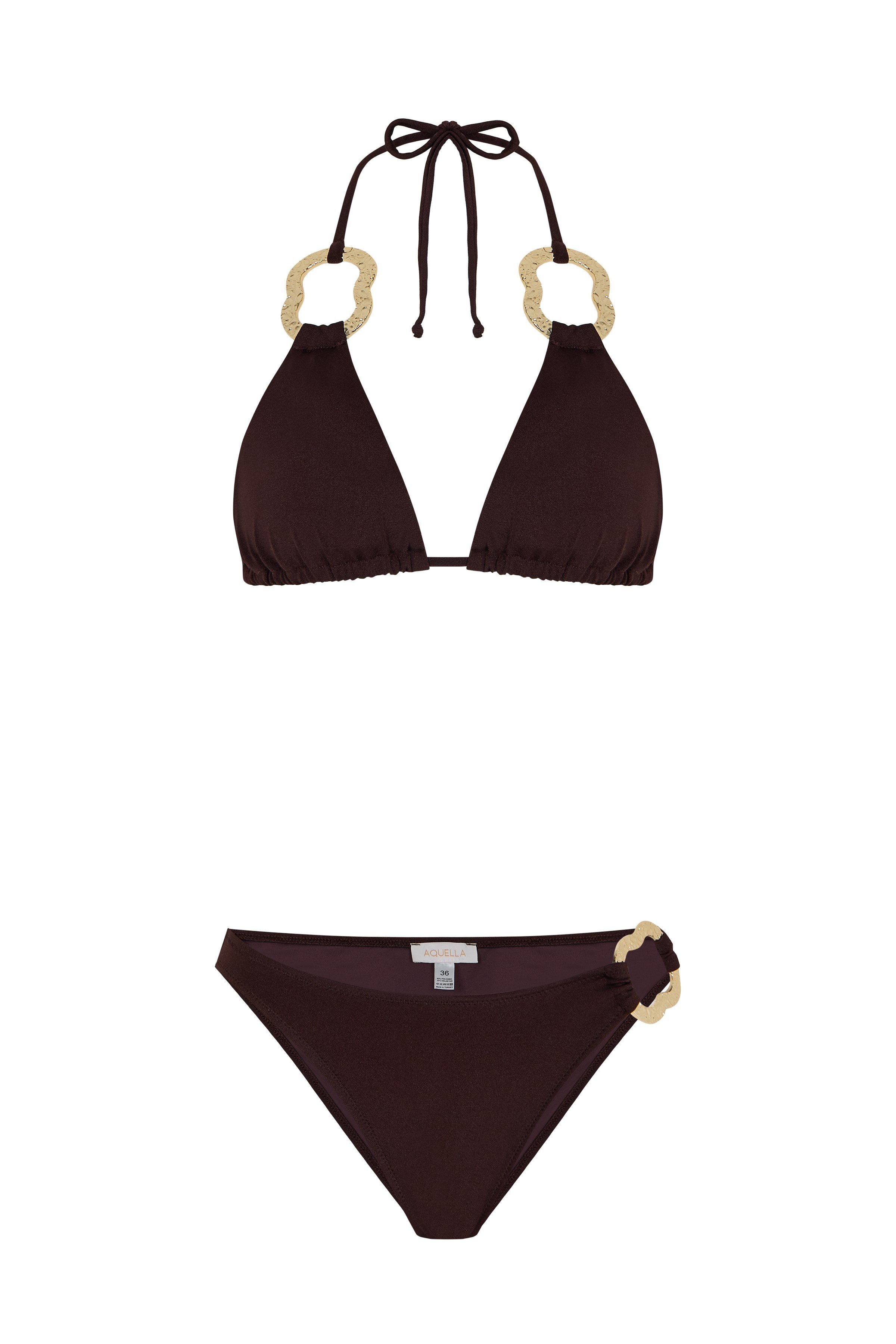 Aksesuarlı Koyu Kahve Üçgen Bikini Takım