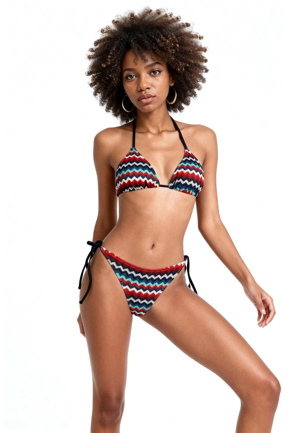 Çok Renkli Triko Üçgen Bikini Takım