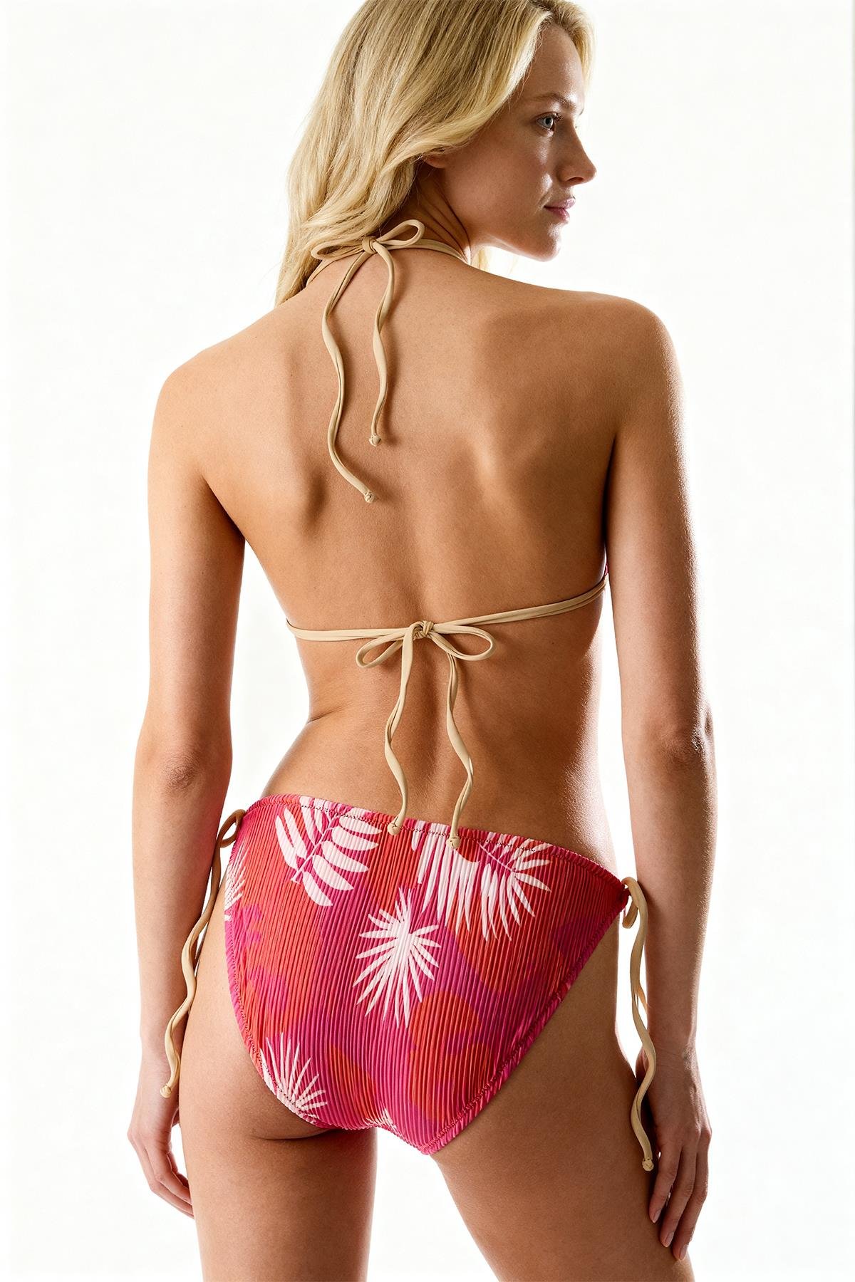 Desenli Piliseli Oranj Baskı Üçgen Bikini Takım
