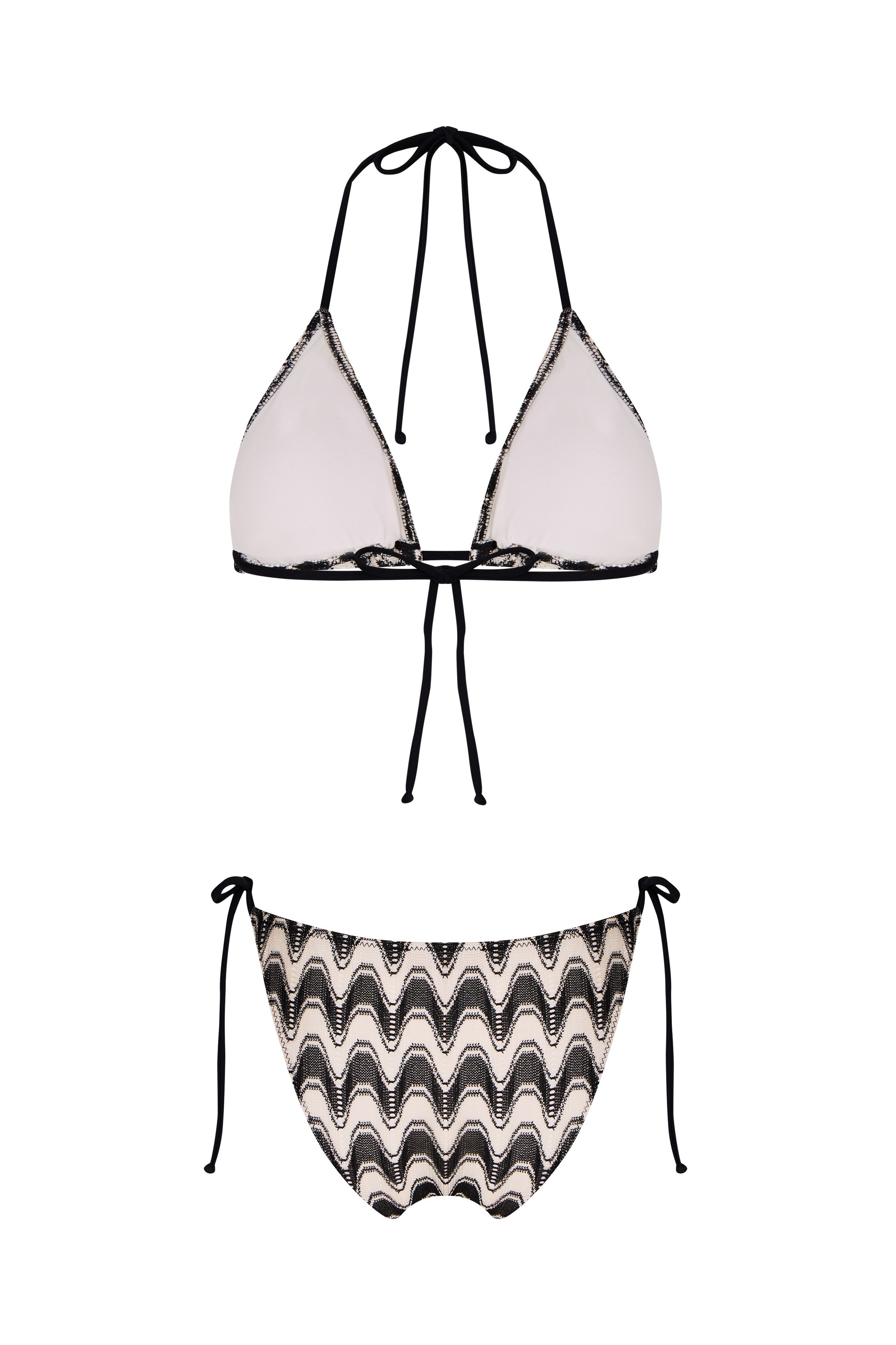Desenli Siyah Beyaz Triko Üçgen Bikini Takım