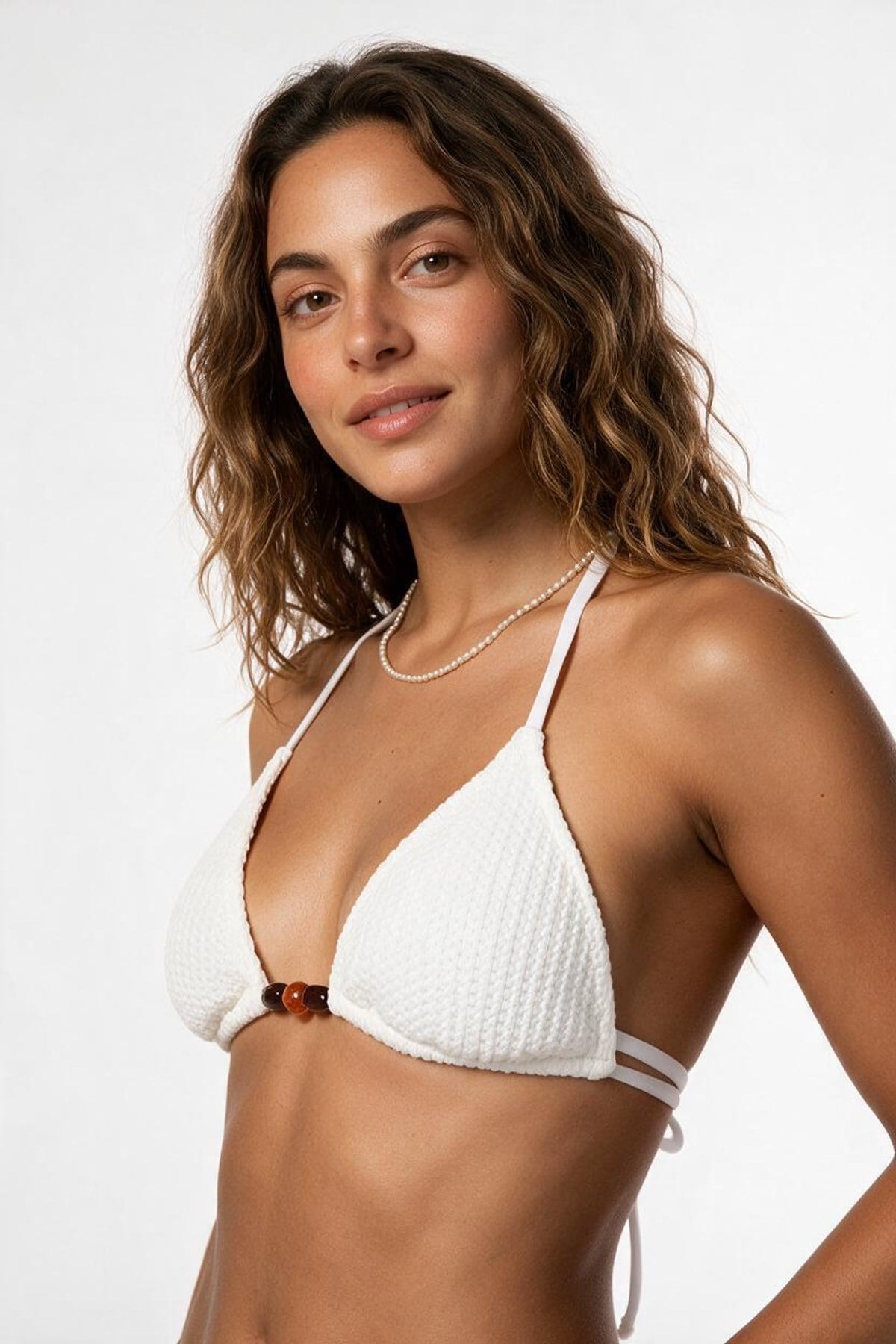 Doku Detaylı Ekru  Üçgen Bikini Takım