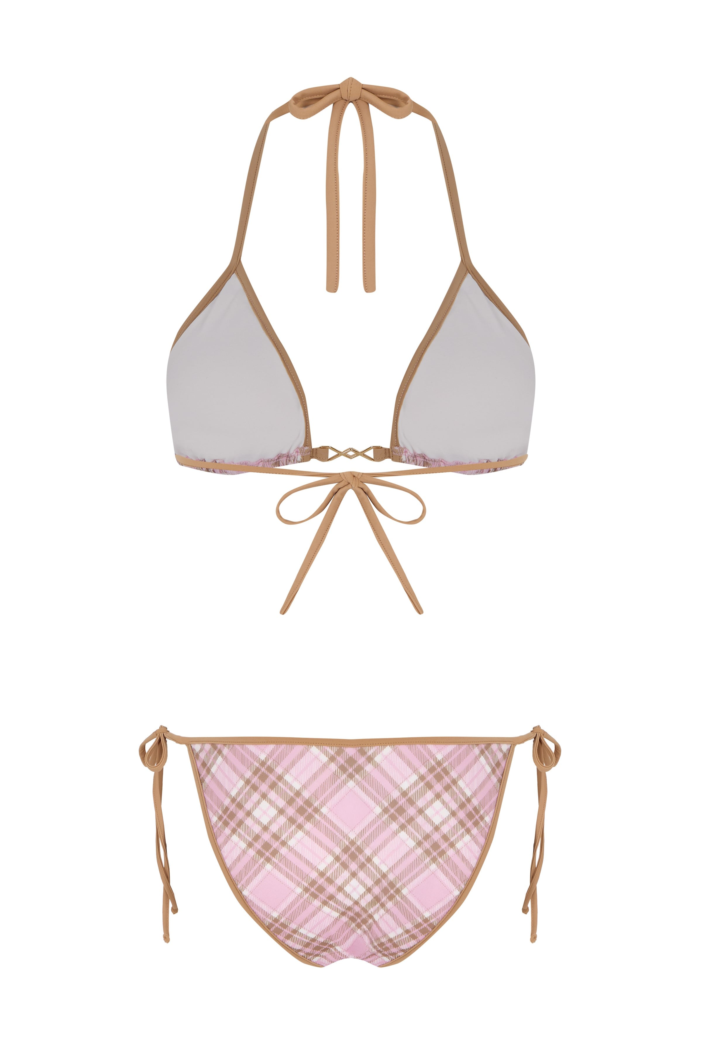 Ekose Baskılı Biyeli Üçgen Bikini Takım