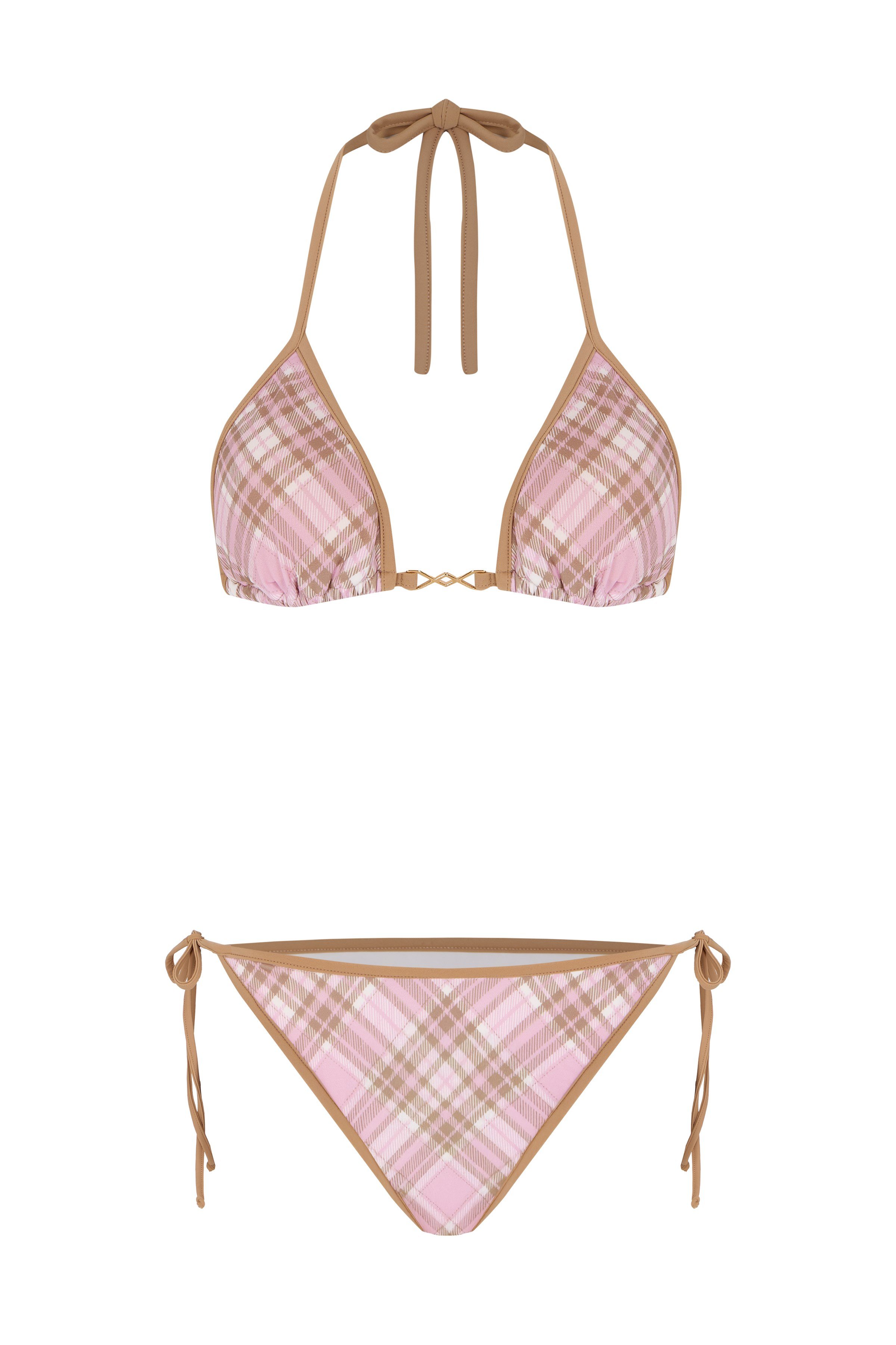 Ekose Baskılı Biyeli Üçgen Bikini Takım