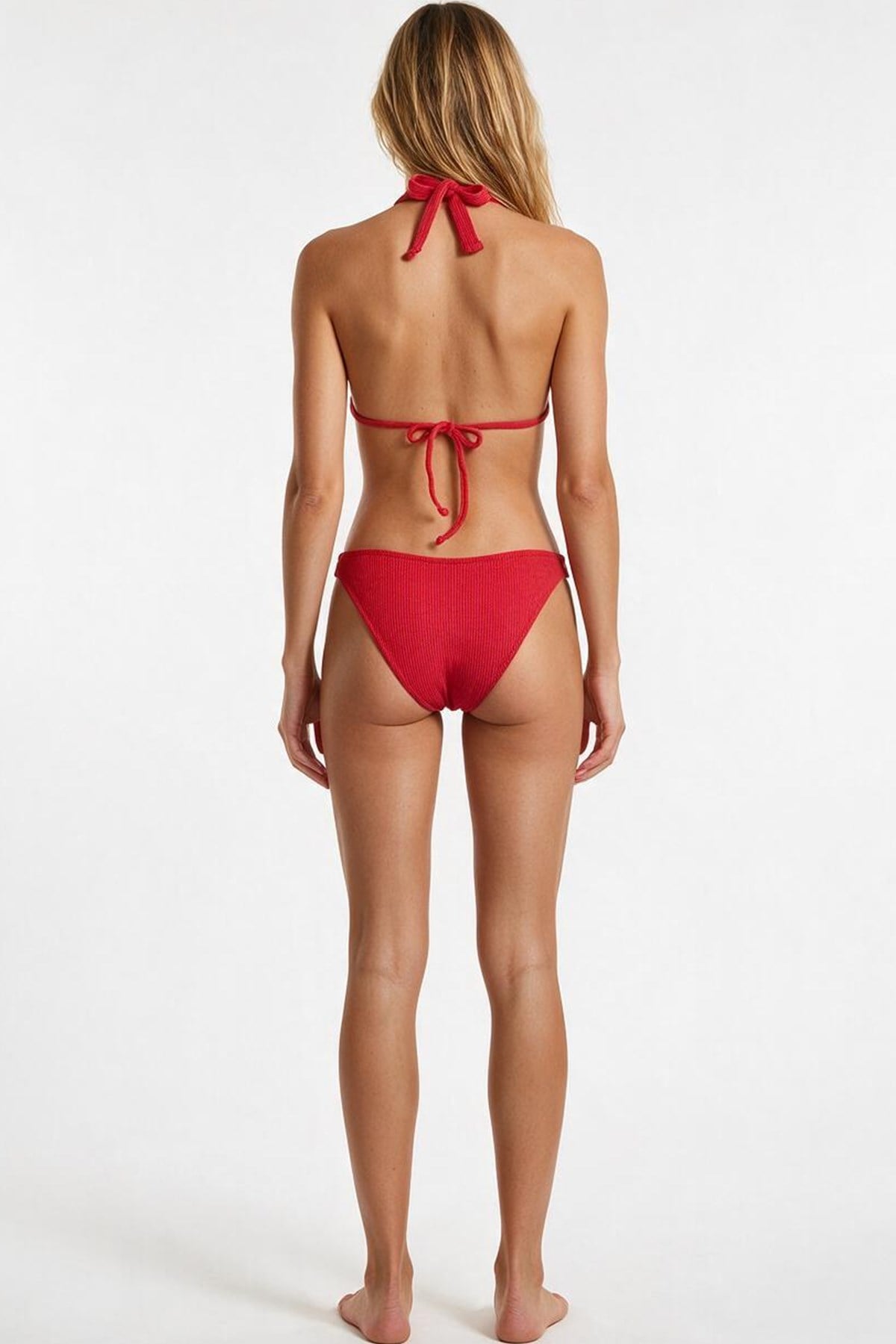 Halka Aksesuarlı Dokulu Kırmızı Üçgen Bikini