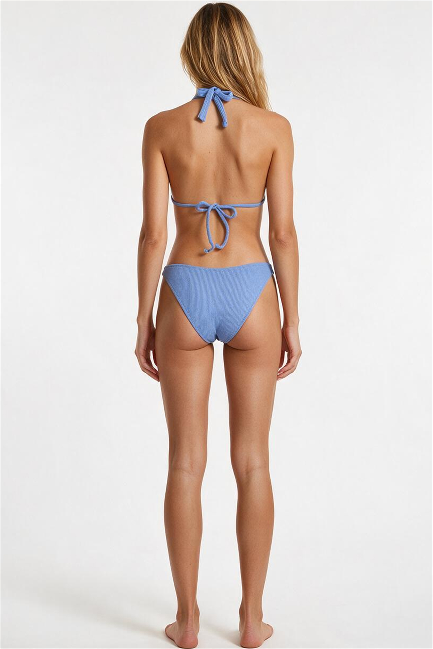 Halka Aksesuarlı Dokulu Mavi Üçgen Bikini