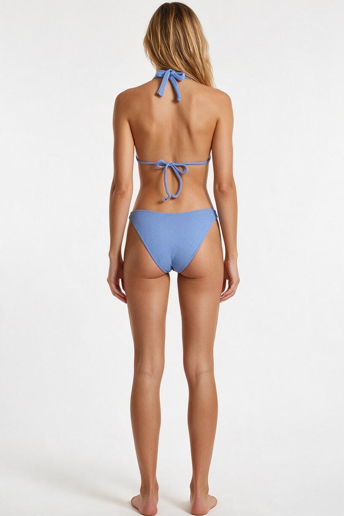 Halka Aksesuarlı Dokulu Mavi Üçgen Bikini