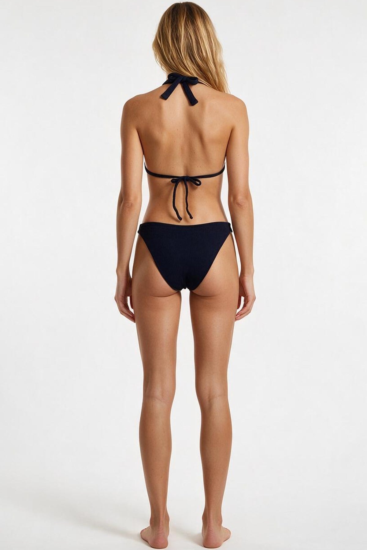 Halka Aksesuarlı Dokulu Siyah Üçgen Bikini