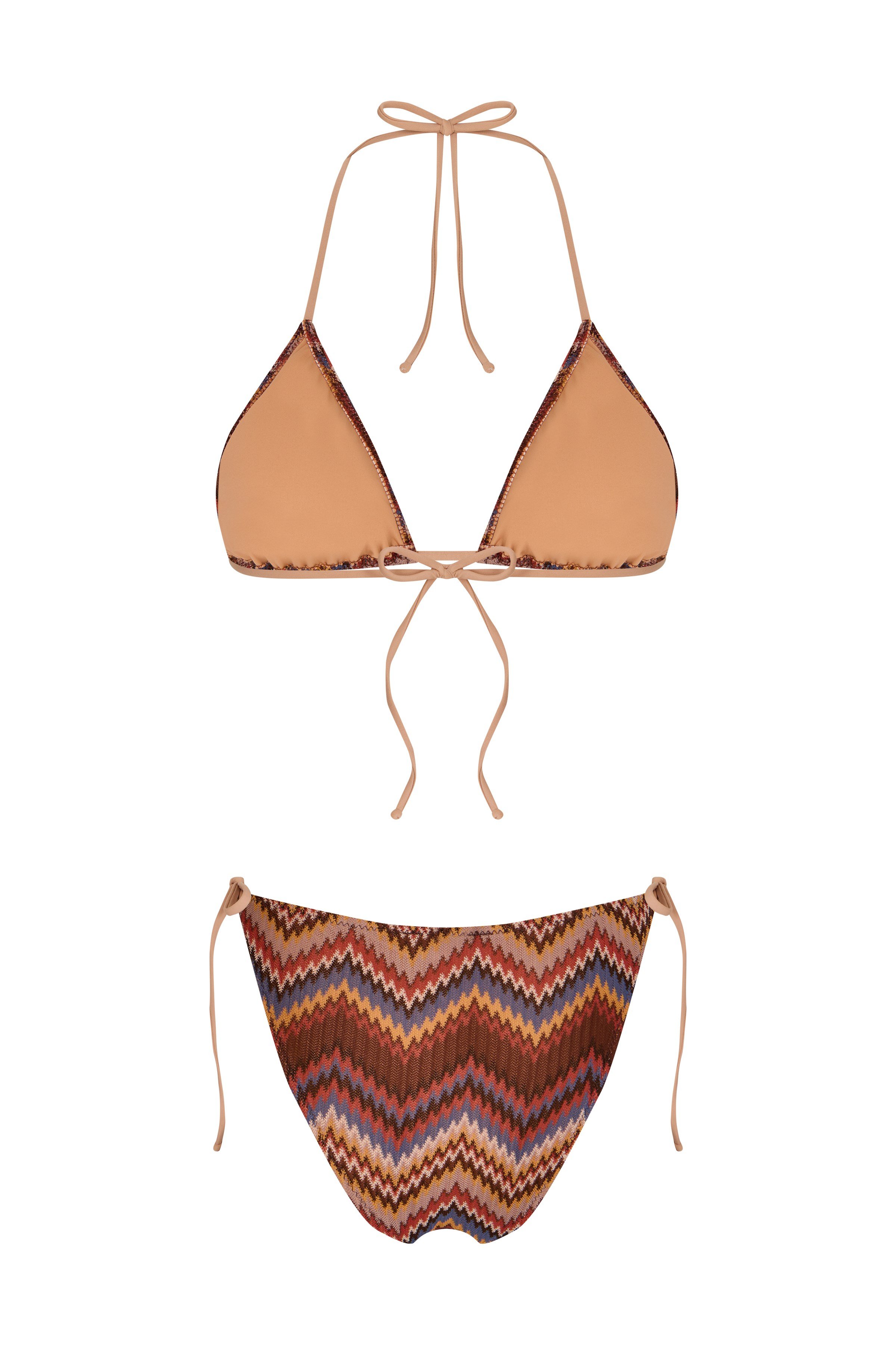 Kendinden Desenli Triko Üçgen Bikini Takım