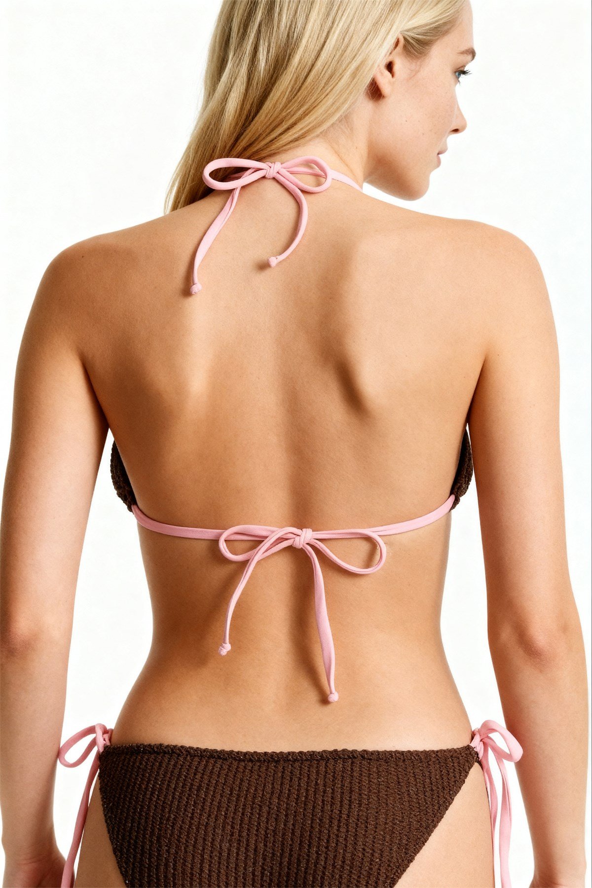 Kroşe Kahve Triko Üçgen Bikini Takım