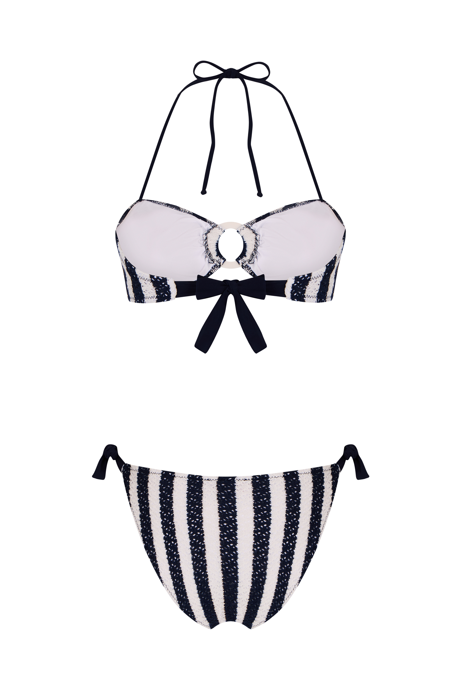 Lacivert Çizgili Triko Straplez Bikini Takım