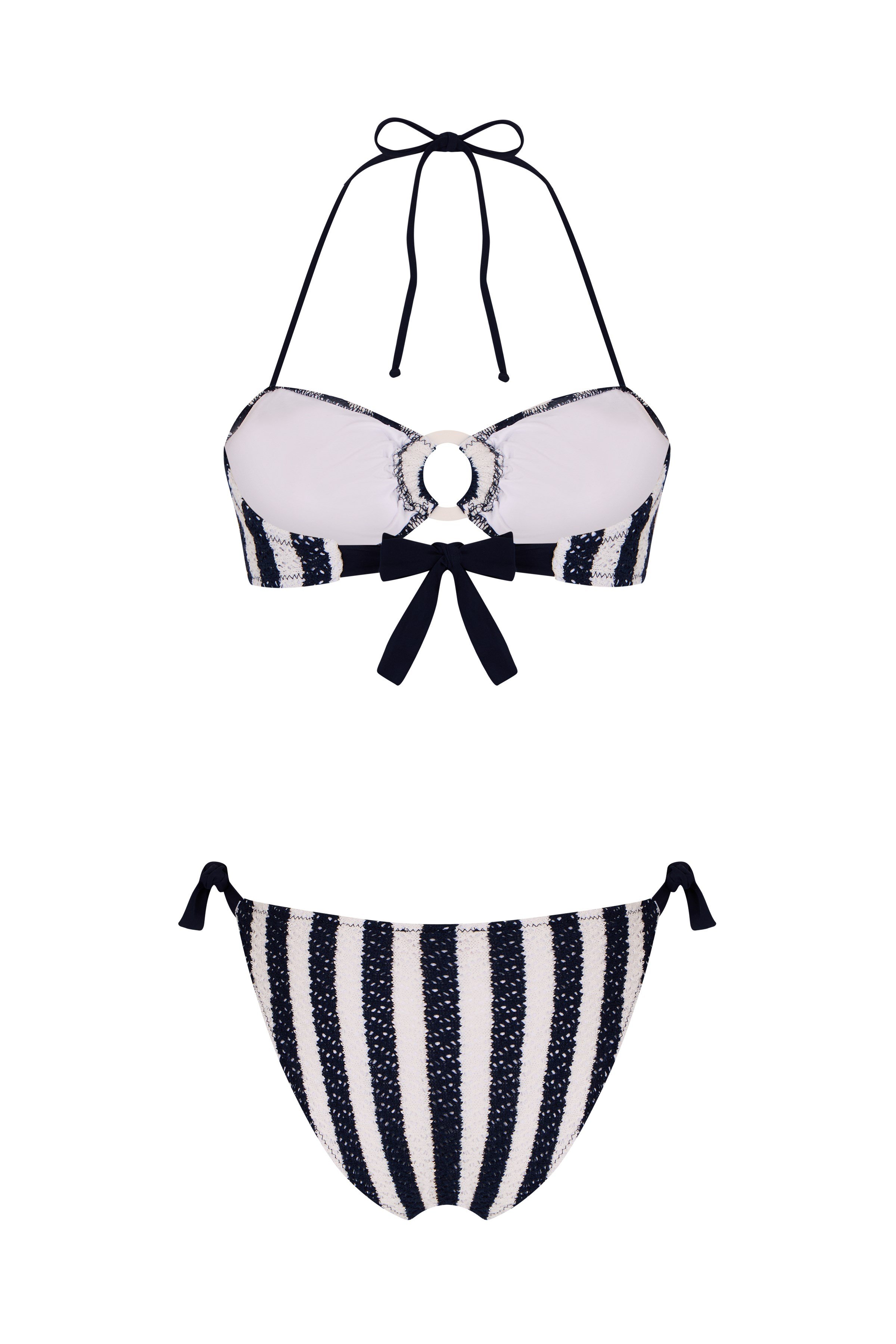 Lacivert Çizgili Triko Straplez Bikini Takım
