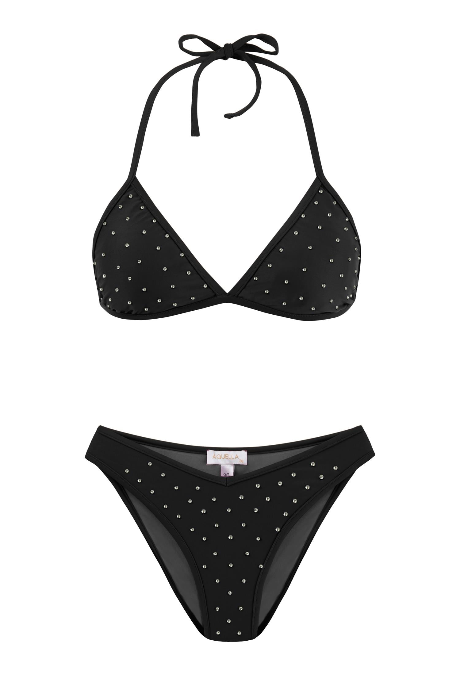 Parlak Taşlı Siyah Üçgen Bikini Takım