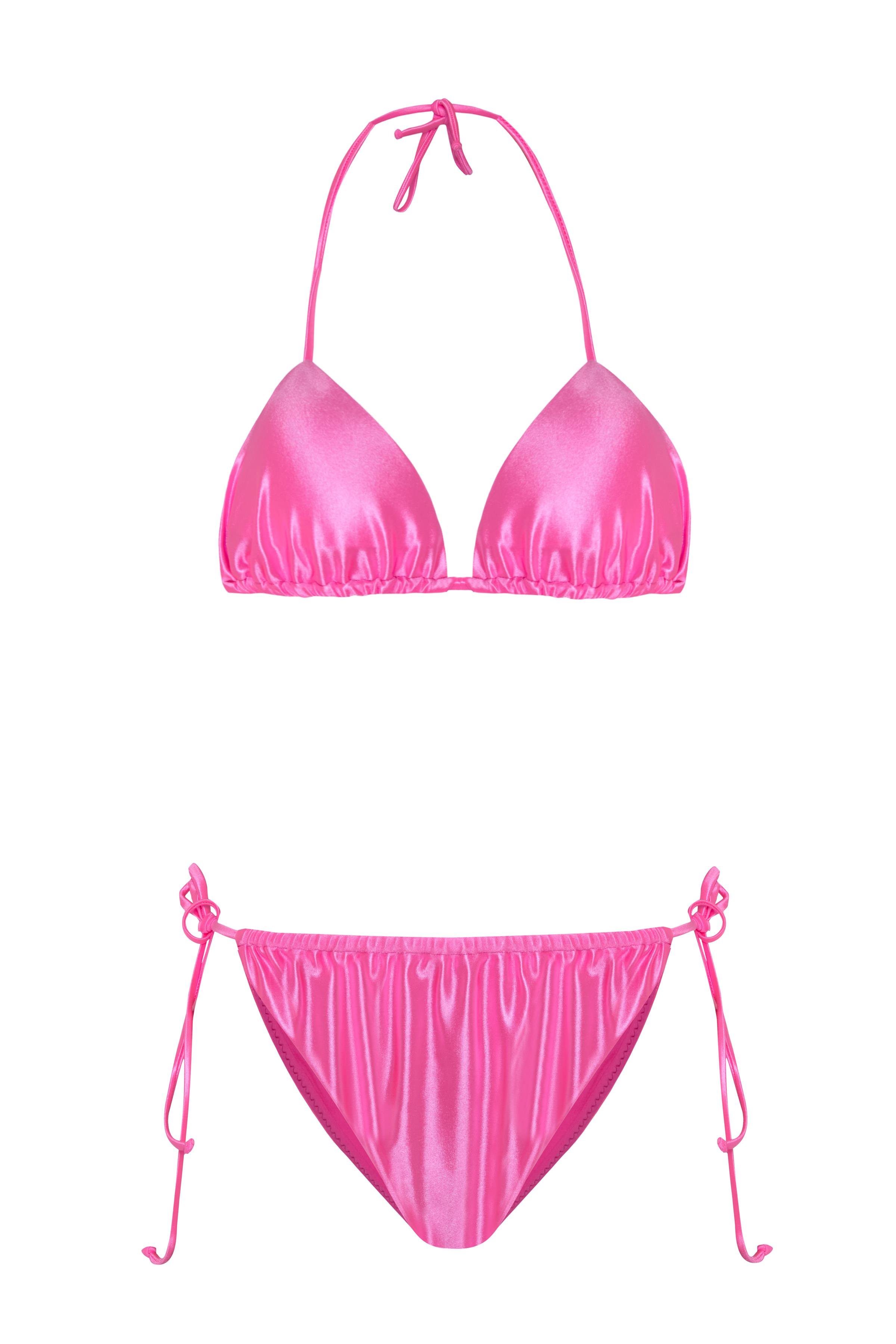 Pembe Parlak Üçgen Bikini Takım