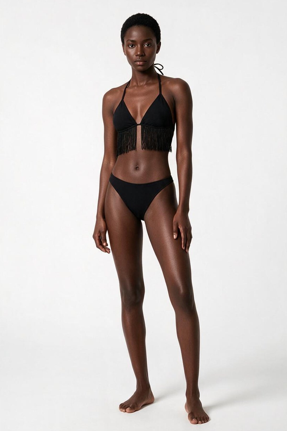 Püsküllü Siyah Üçgen Bikini