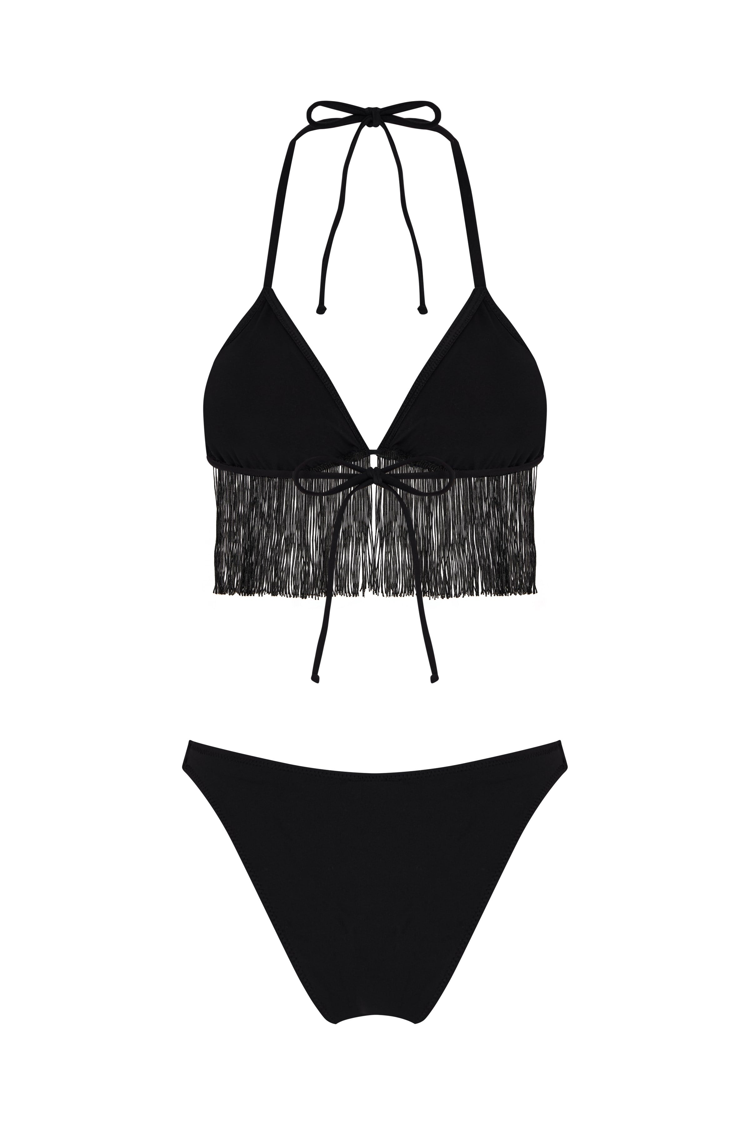 Püsküllü Siyah Üçgen Bikini