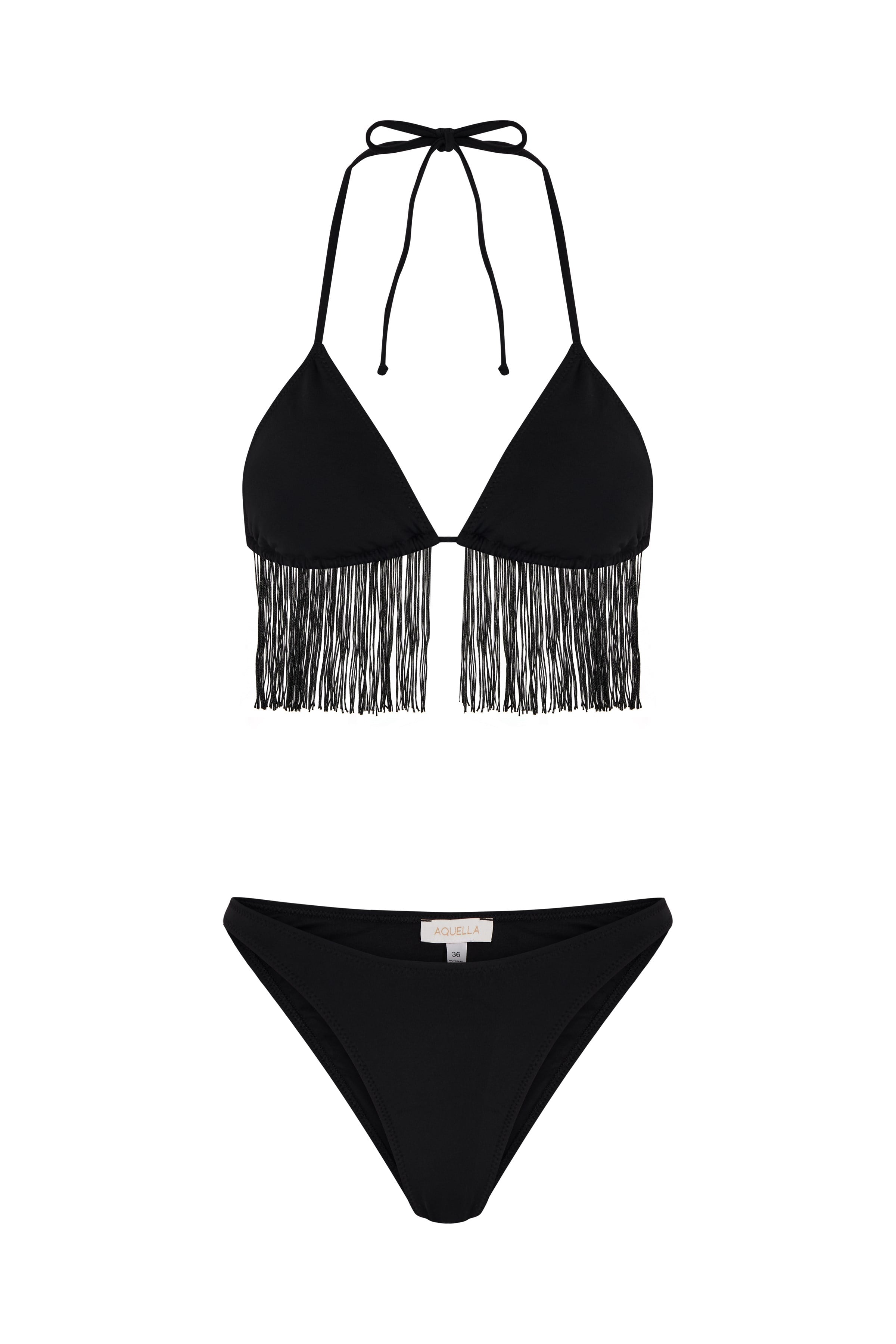 Püsküllü Siyah Üçgen Bikini