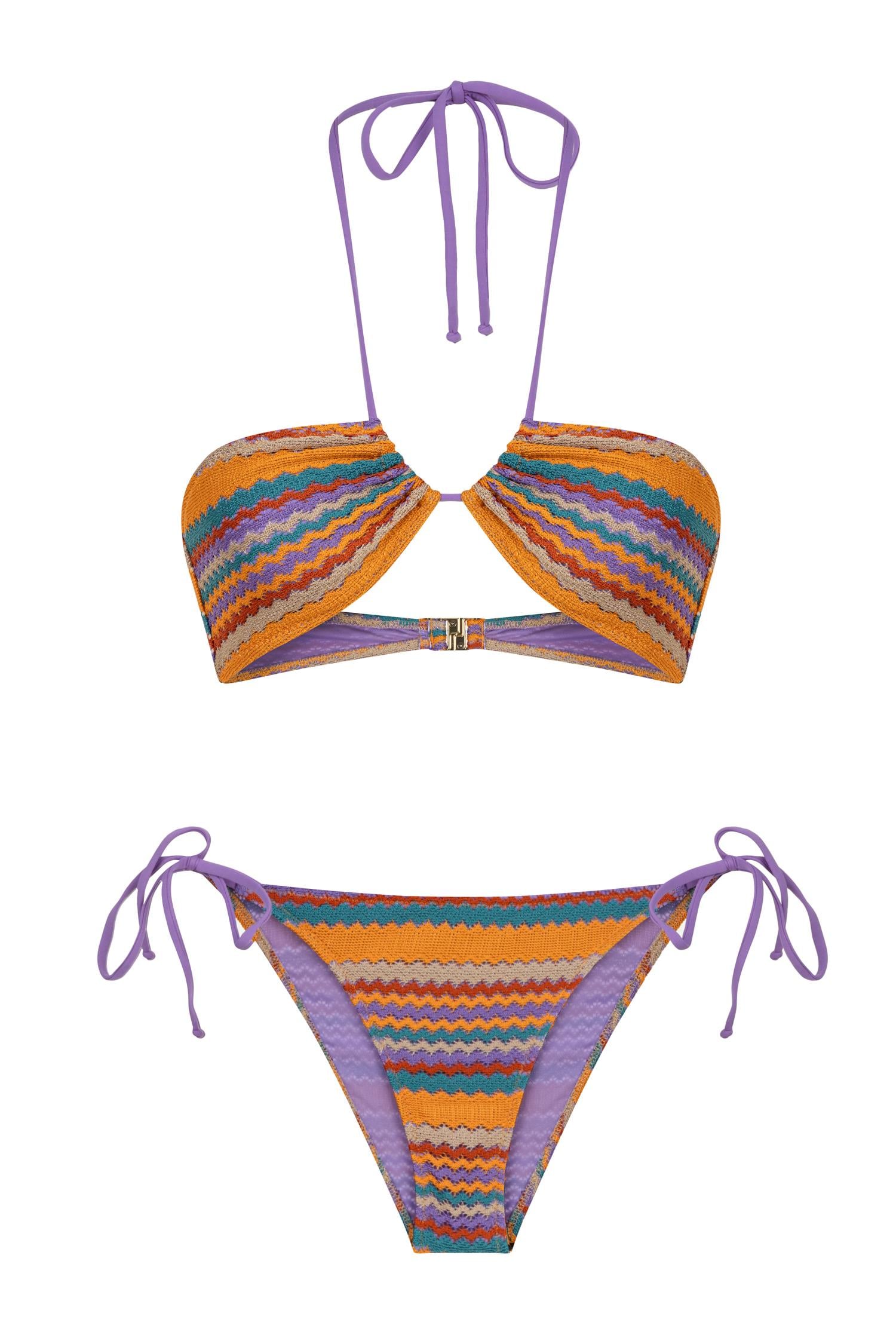 Renkli Triko Halter Yaka Bikini Takım