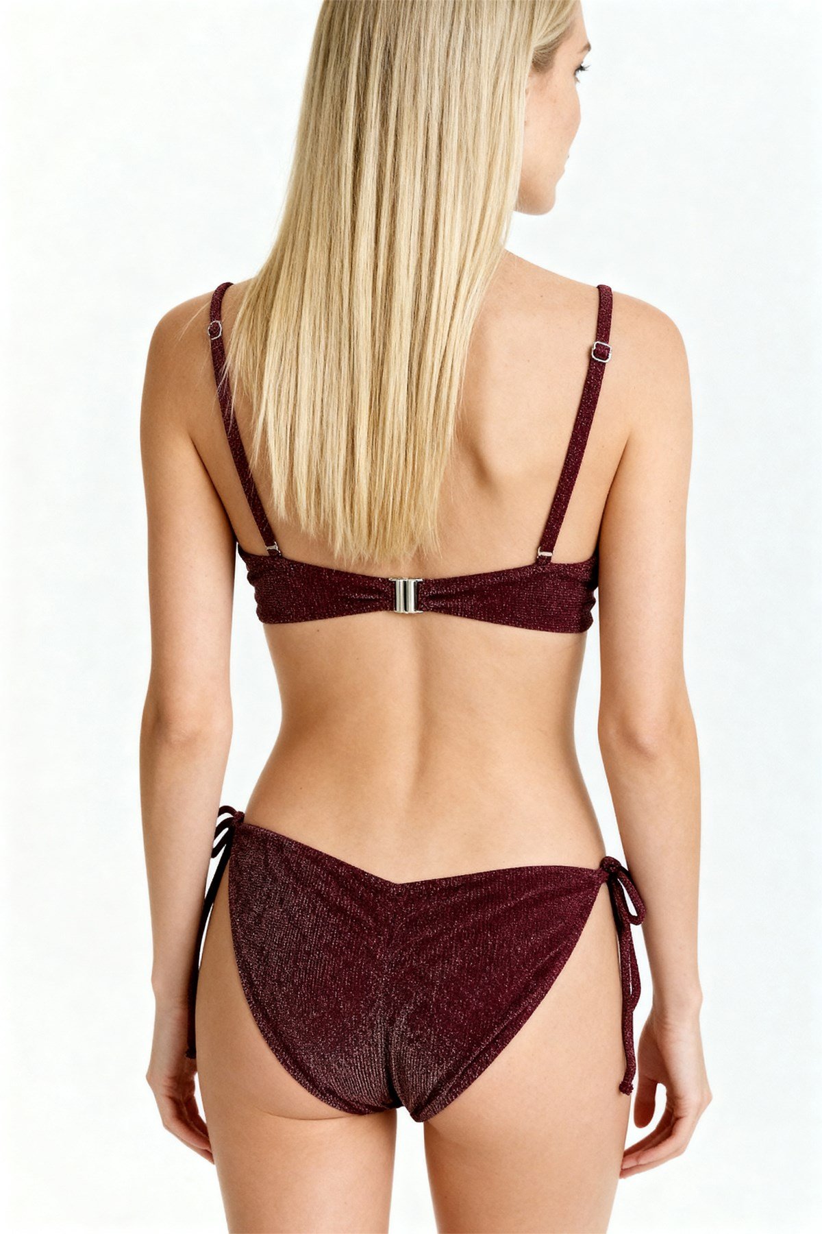 Simli Bordo Balenli Bikini Takım