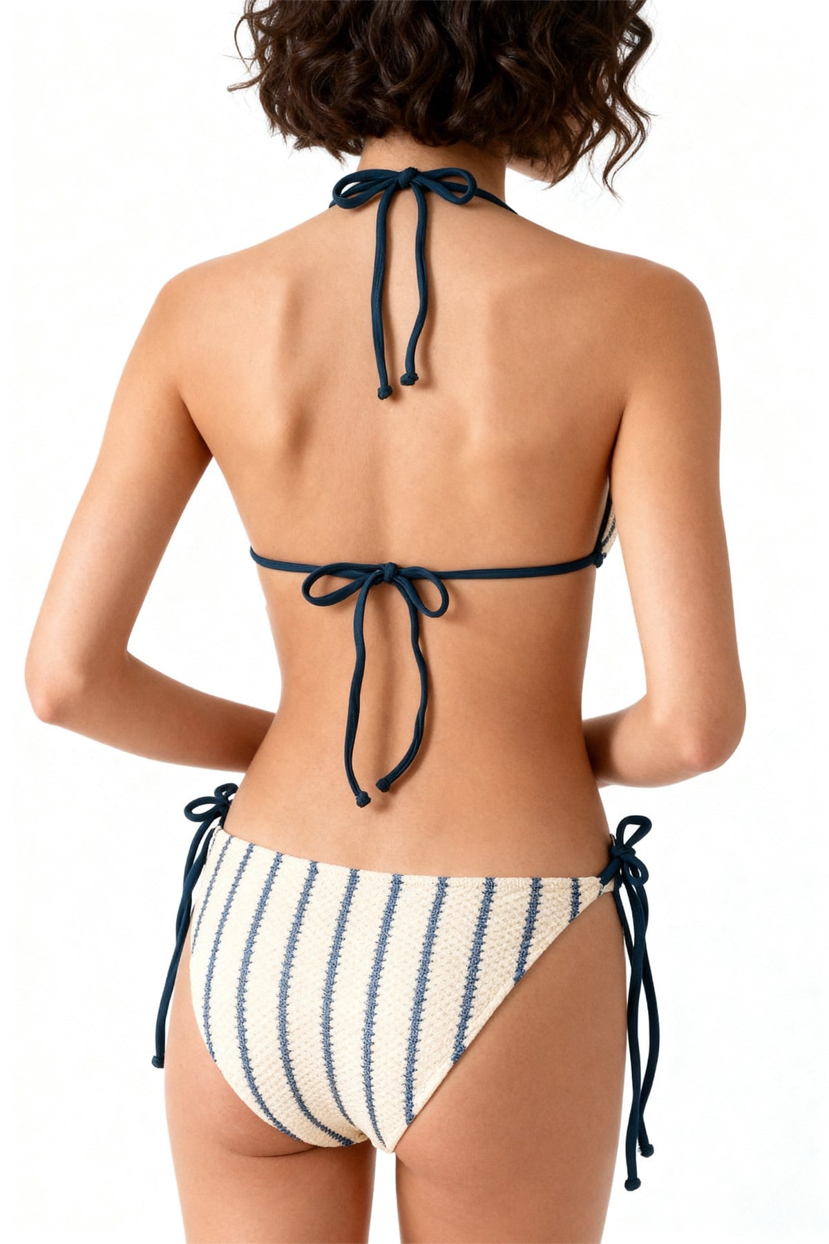 Triko Mavi Çizgili Üçgen Bikini Takım
