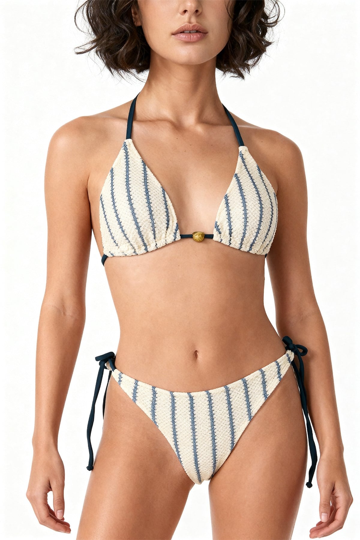 Triko Mavi Çizgili Üçgen Bikini Takım