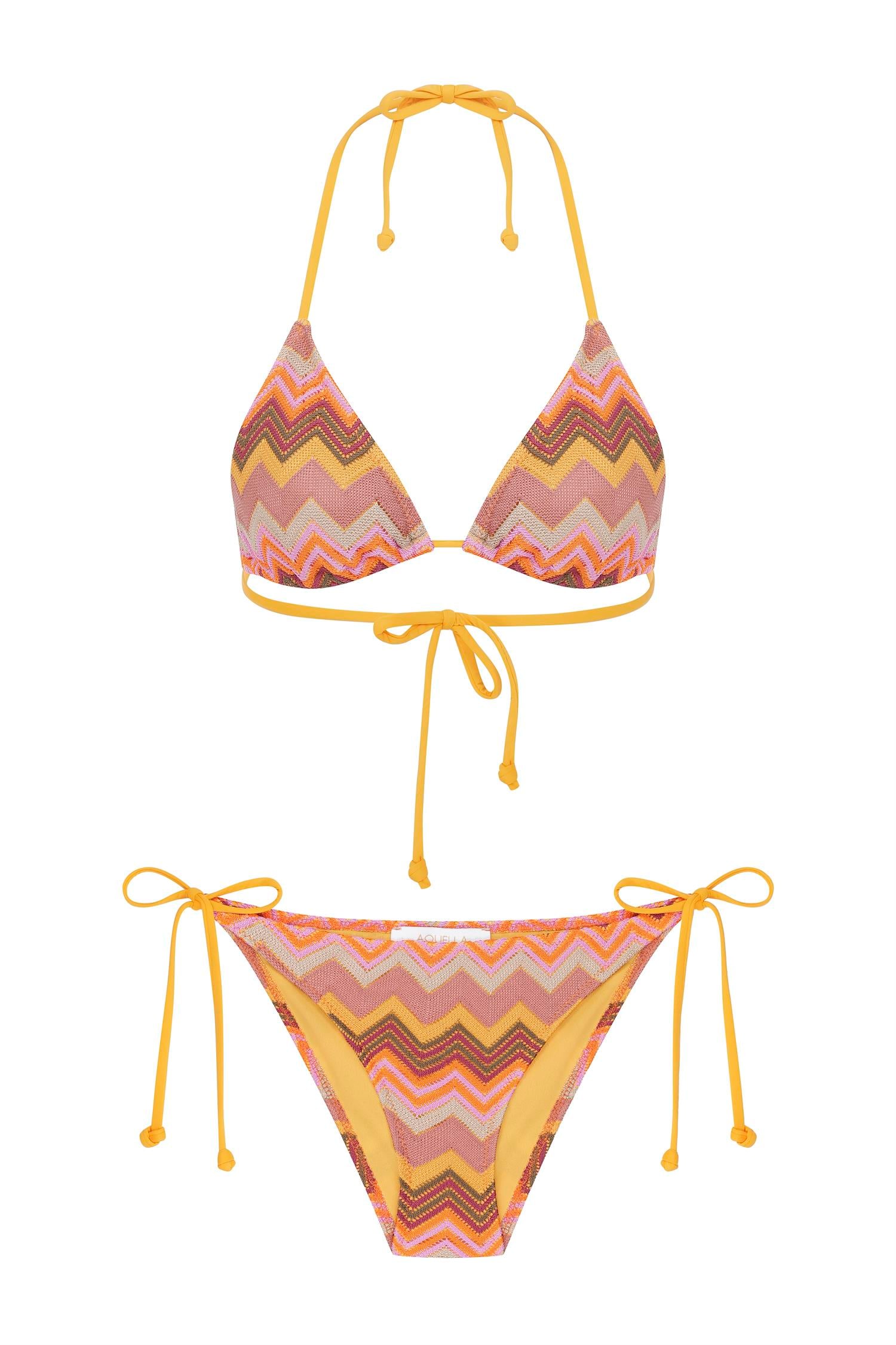 Triko Örme Çok Renkli Üçgen Bikini Takım