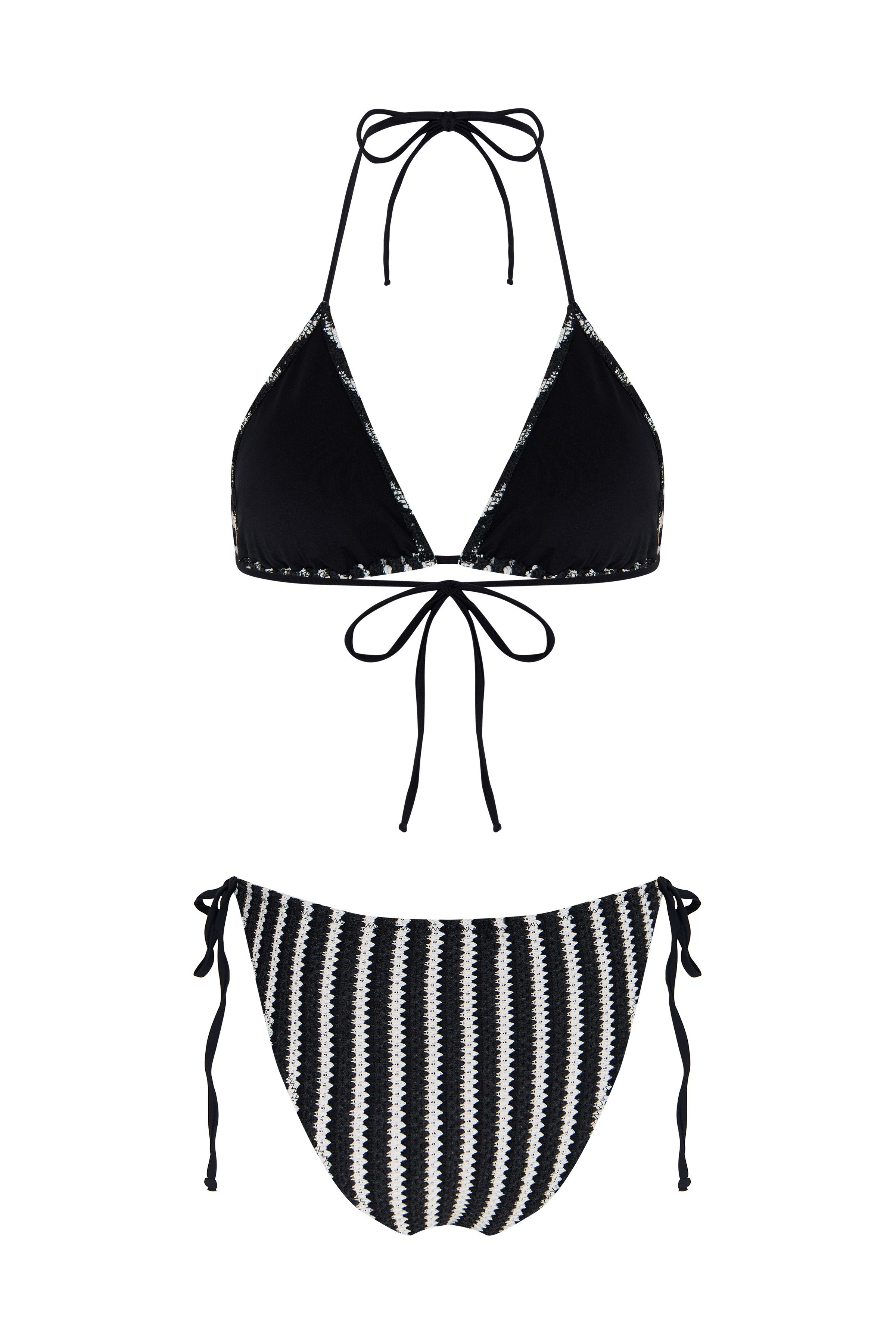 Triko Siyah Beyaz Üçgen Bikini Takım